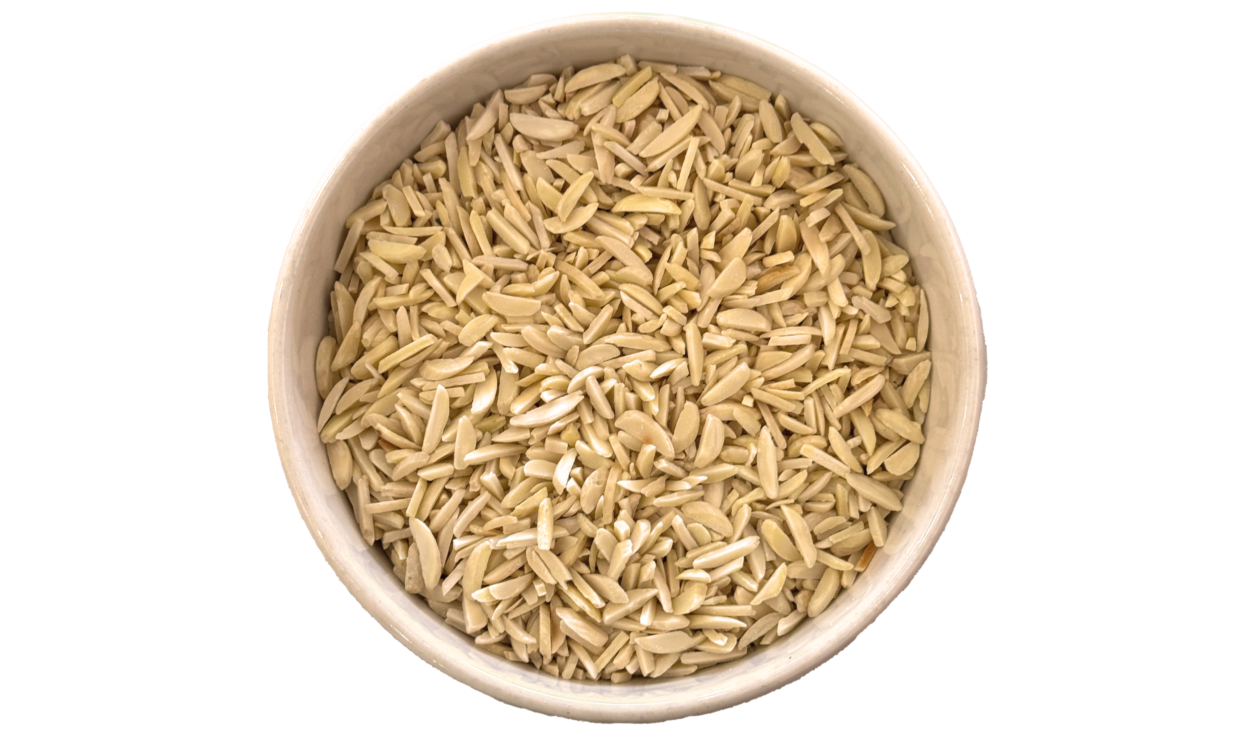 A white bowl filled with slivered almonds, seen from above.