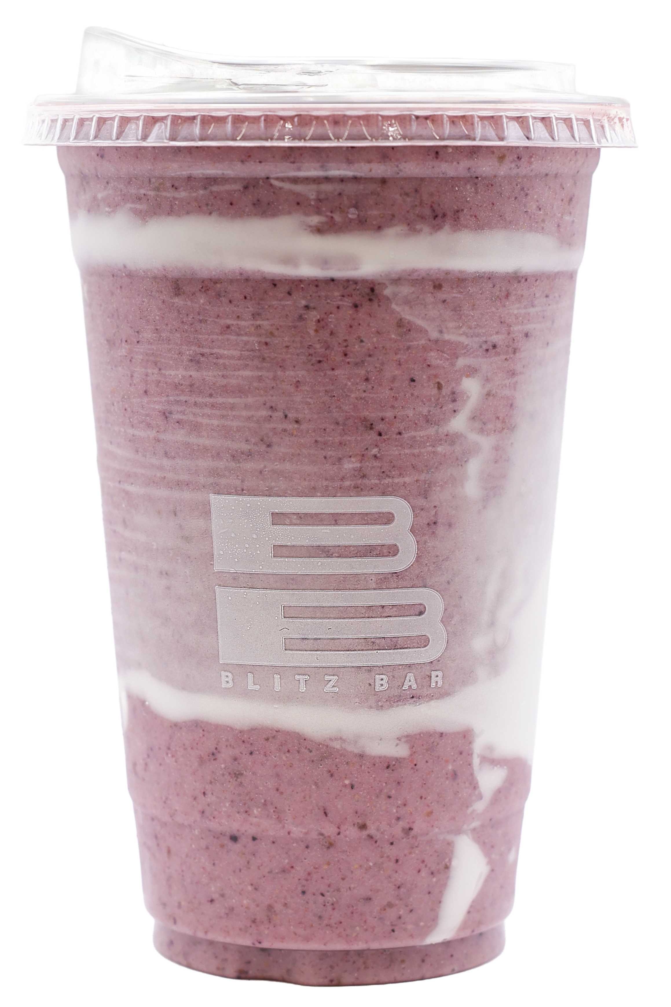 A pink and purple blended smoothie or milkshake in a clear plastic cup with a domed lid and white straw, labeled 'BB BLITZ BAR'.