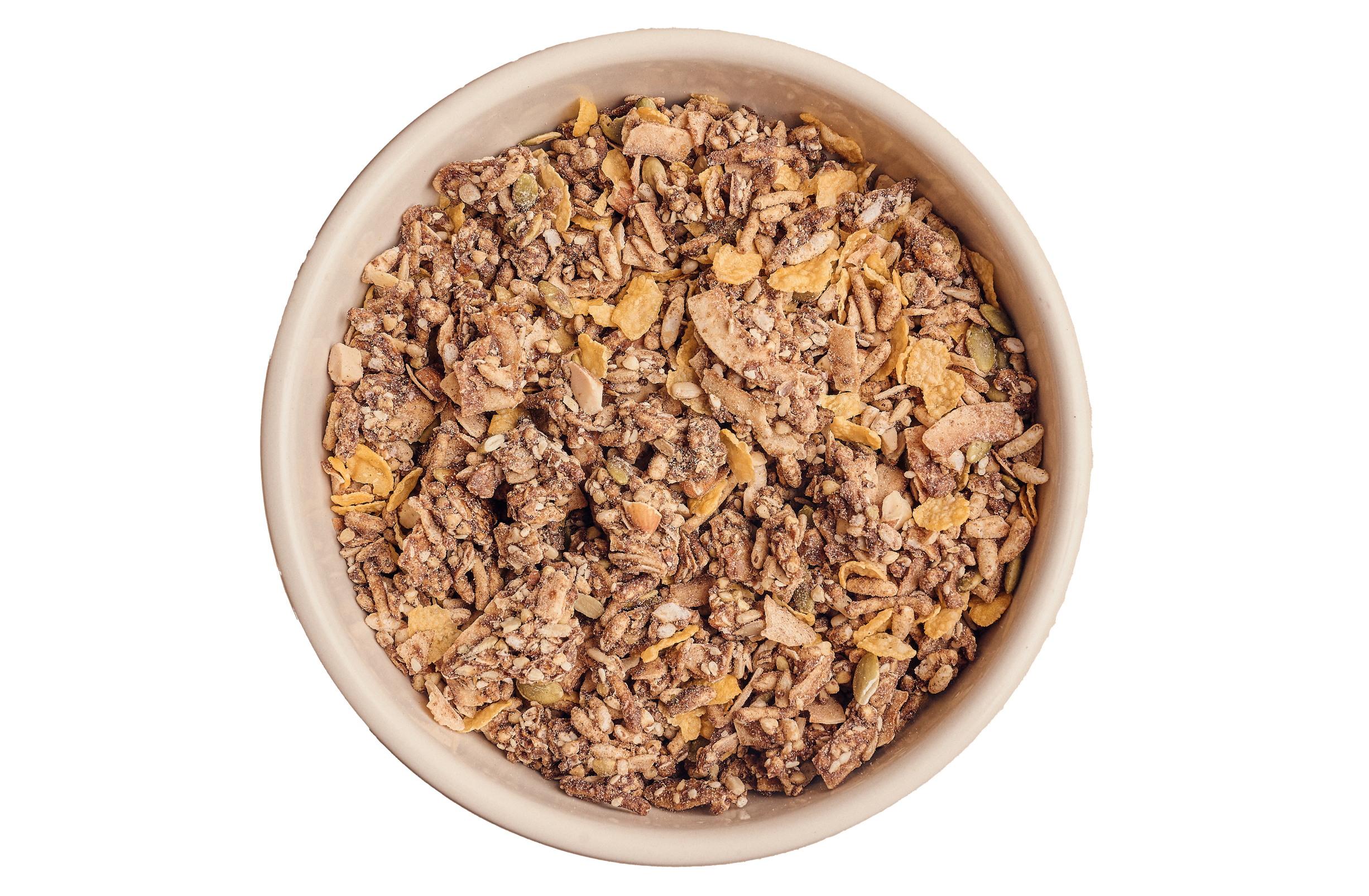 A bowl filled with granola mix containing oats, nuts, seeds, and dried fruit.