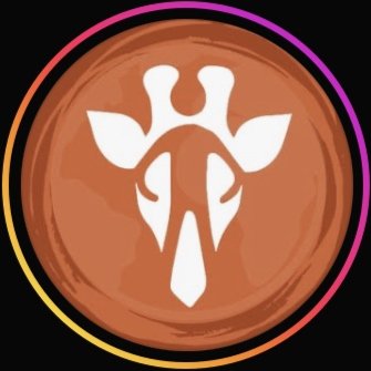 Stylized giraffe head logo on brown circular background with multicolored border.