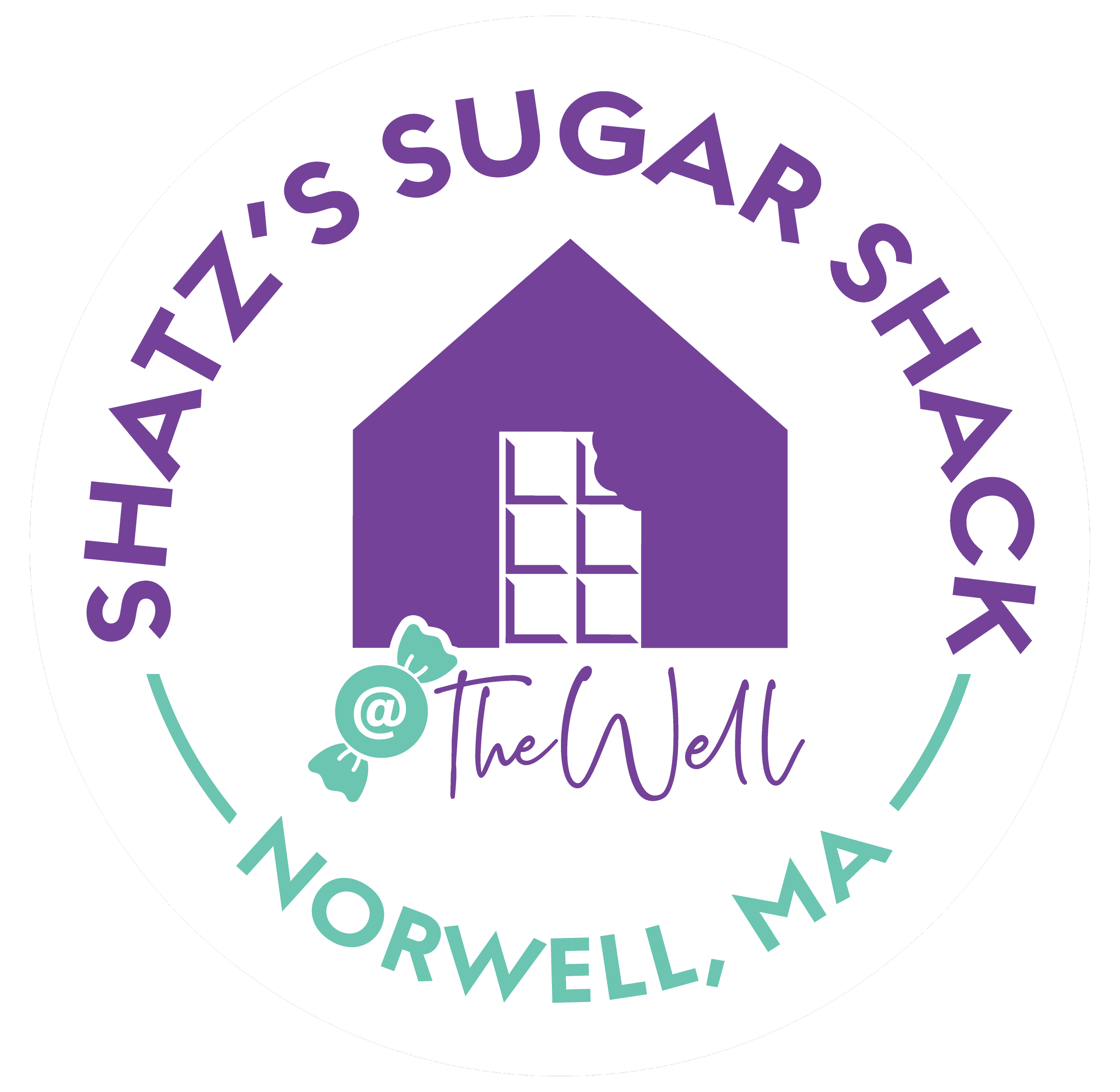 A circular logo for Shazi's Sugar Shack in Norwell, MA. It features a purple house with a teal wrapped candy with an at symbol, and the words 'The Well' written in purple. The outer ring has the business name and location in purple and teal text.