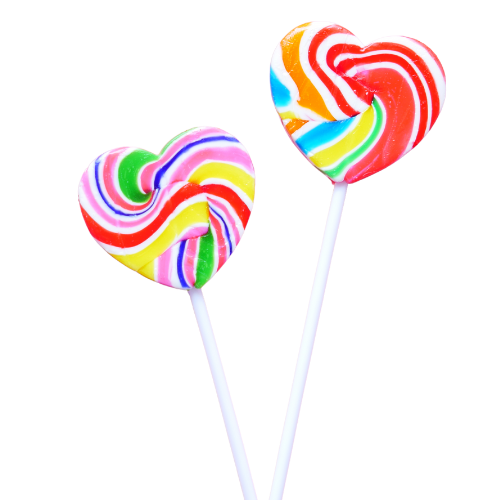 Two rainbow-colored swirled lollipops with white sticks.