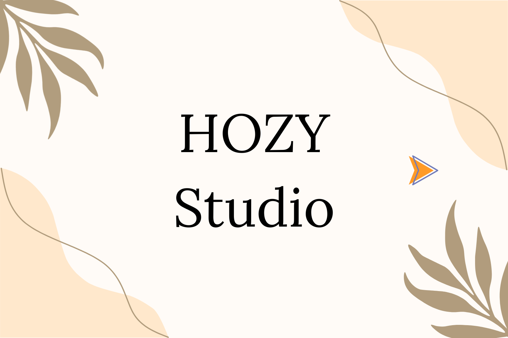 Text in the center that reads 'HOZY Studio' surrounded by beige and brown abstract leaf and line illustrations on a light background with a small arrow icon to the right.