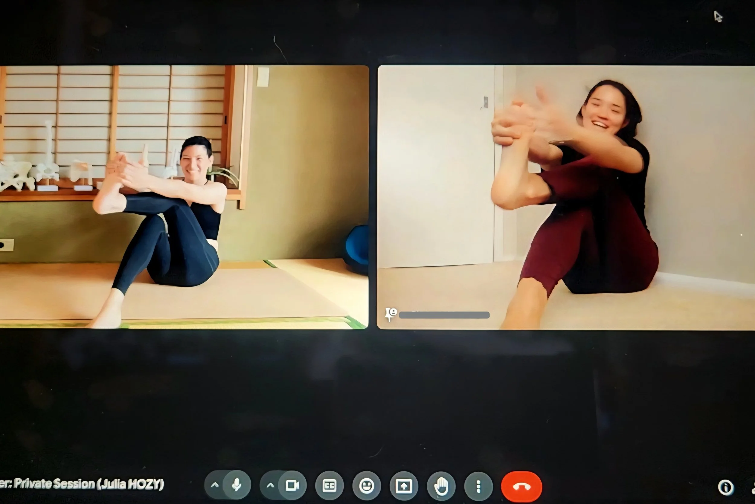 HOZY Online private Body Tuning session. Instructor and a client loosen their ankles and laugh as they enjoy a long distance online lesson