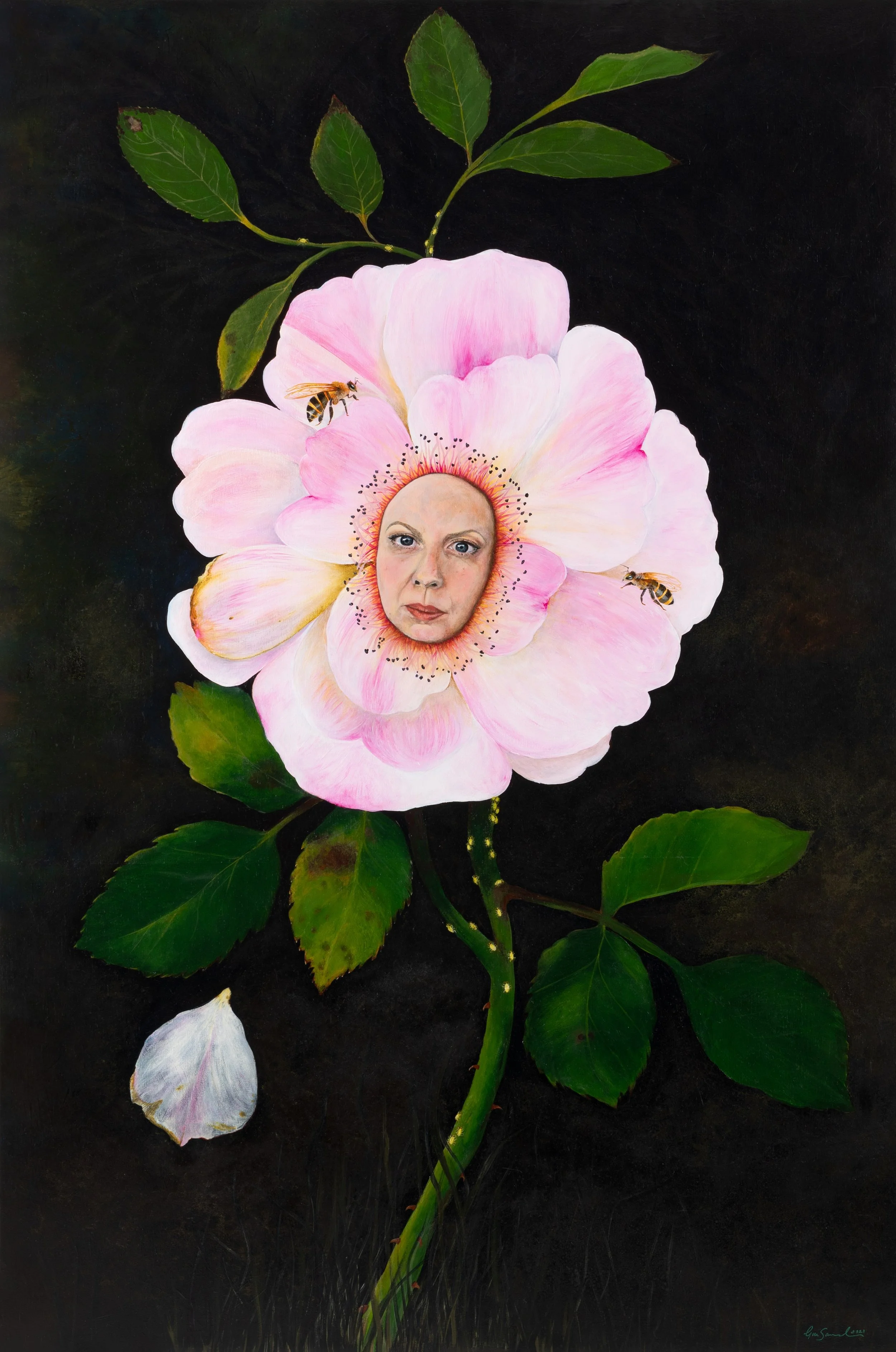 'Self portrait as a flower'.  Acrylic and oil on wood panel.
H 122cm x W 81cm