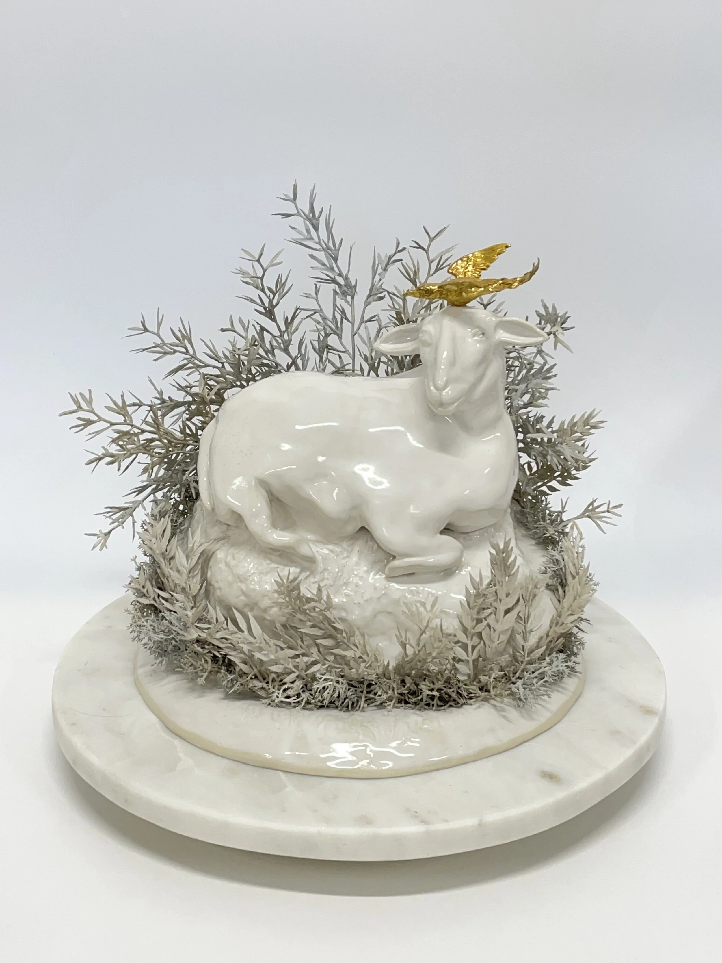 Glazed stoneware, acrylic paint, artificial leaves, ready-made/found bird and gold paint on marble.
