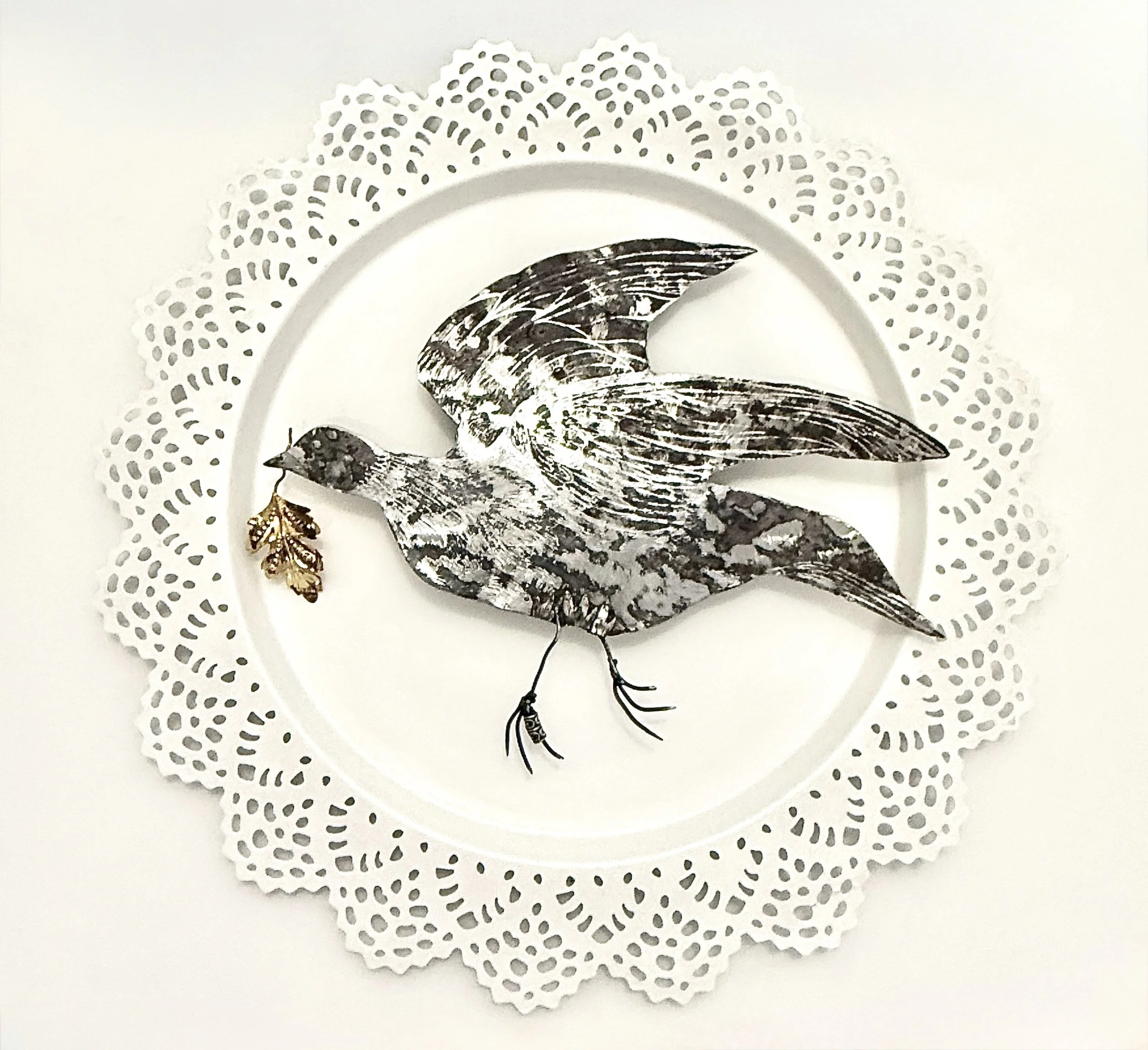 'We Share the Same Sky' Hand cut, welded and engraved steel, vintage metal leaf and found objects. H 38cm x W 38cm x D 4cm. 2026