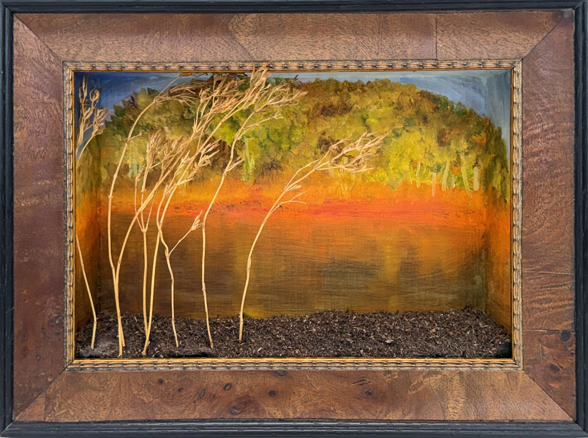 'Freedom is a Clearing in the Forest' lll. (Diorama) Oil paint, found objects, artificial foliage, painted car cut-outs on cardboard boxes set in custom frame. H 20cm x W 25cm x D 6cm. 2026