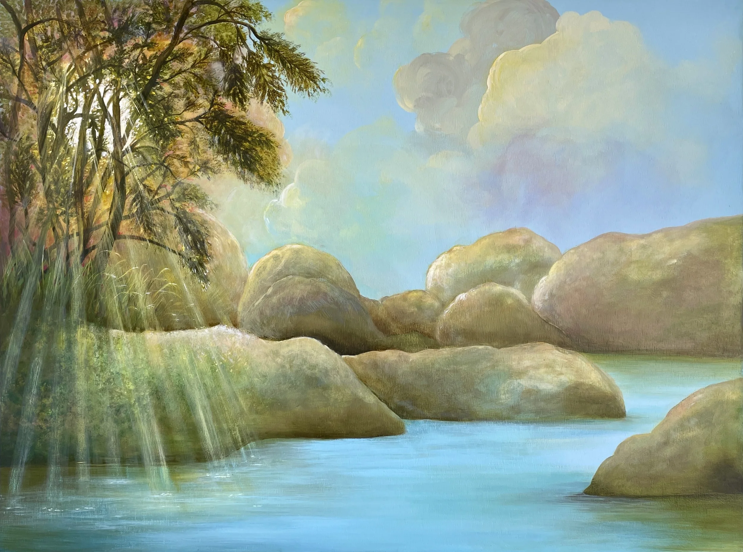 'Every sigh is a prayer'  Acrylic and acrylic ink on wood panel.
H 62cm x W 81cm x D 4.5cm