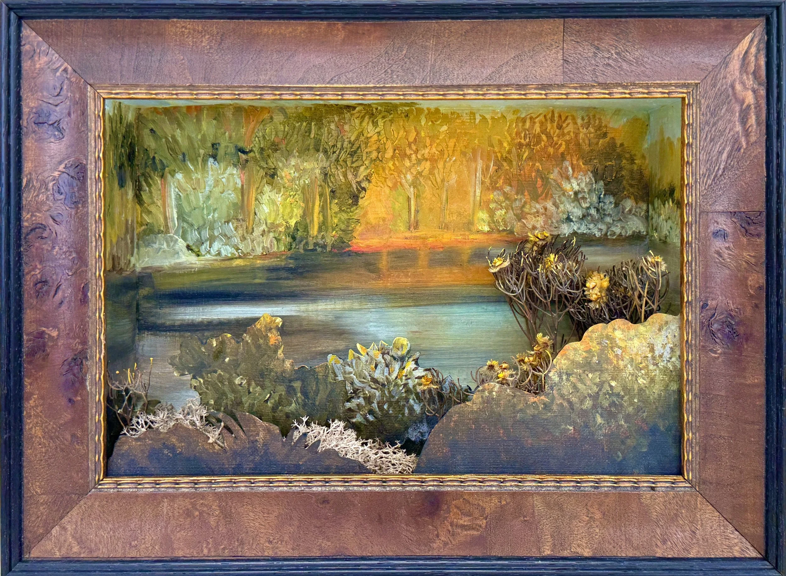 'Freedom is a Clearing in the Forest' lV.(Diorama) Oil paint, found objects, artificial foliage, painted car cut-outs on cardboard boxes set in custom frame. H 20cm x W 25cm x D 6cm. 2026