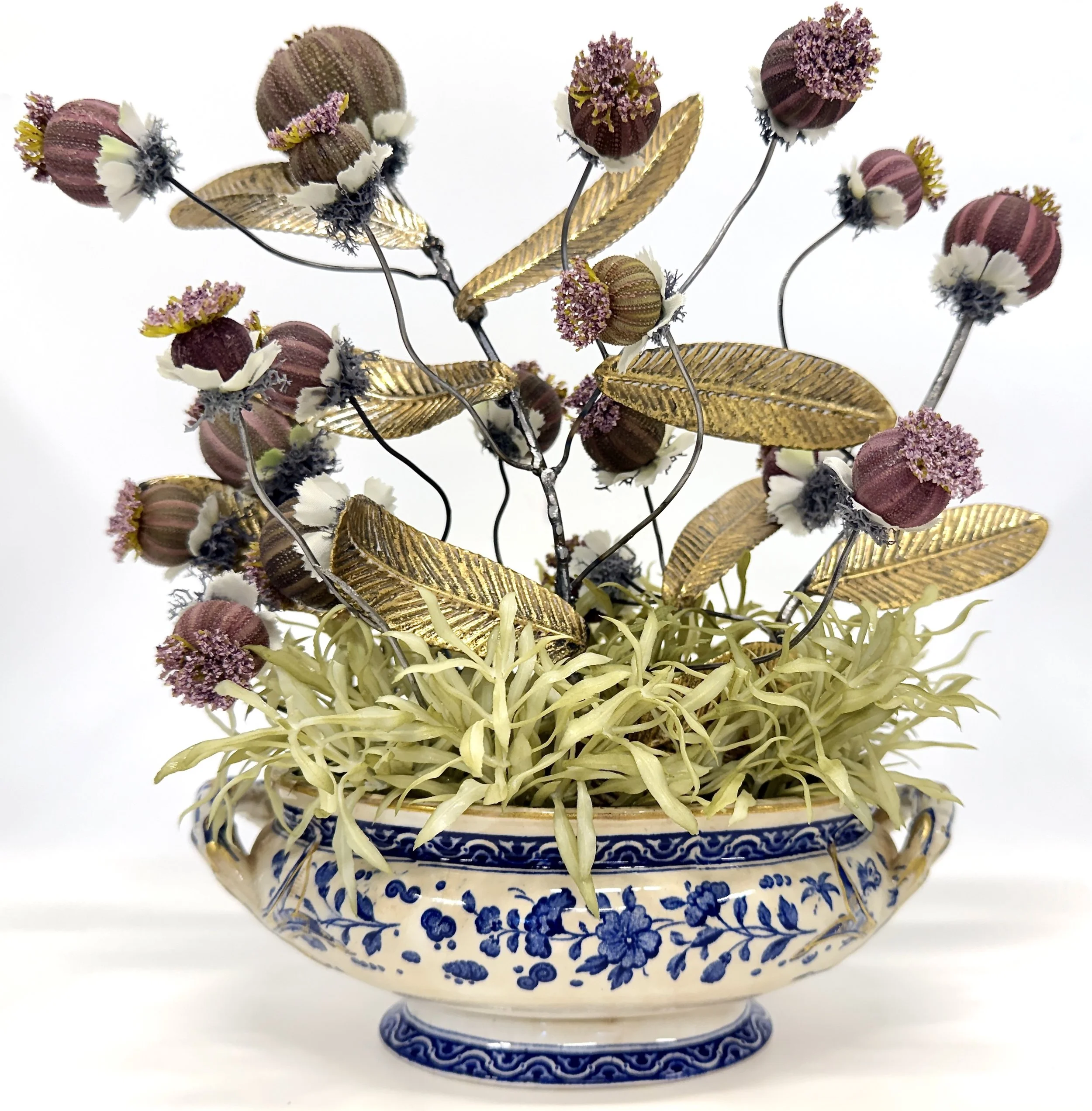 'In Just Spring' Welded steel, sea urchins, artificial foliage, ready-made leaves and cement in vintage porcelain dish. H 28cm x W 30cm x D 15cm. 2026