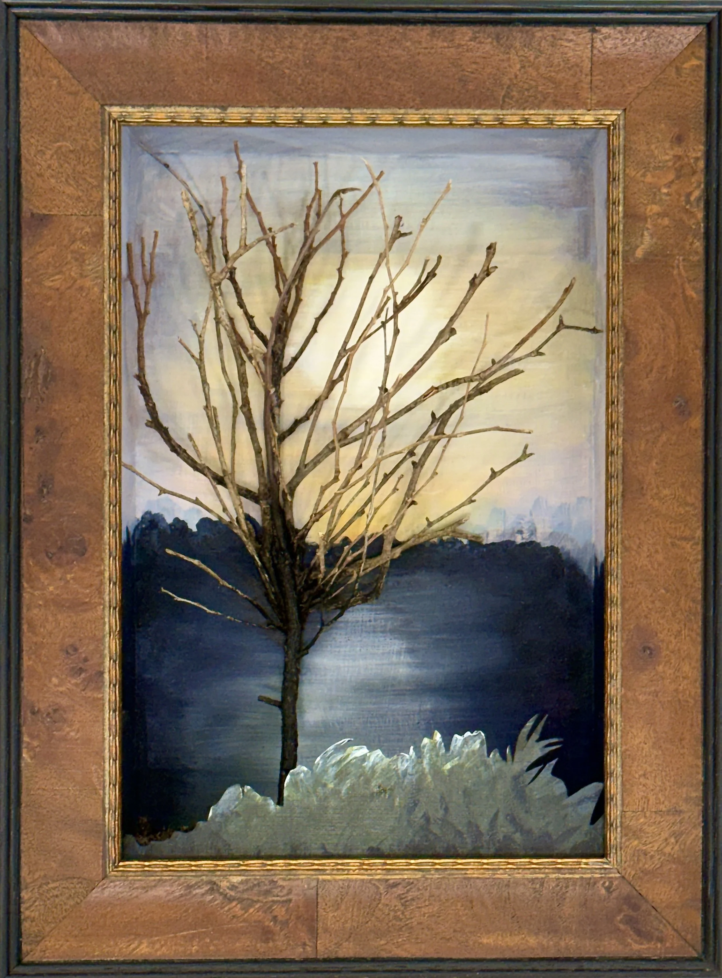 'Freedom is a Clearing in the Forest' l. (Diorama) Oil paint, found objects, artificial foliage, painted car cut-outs on cardboard boxes set in custom frame. H 25cm x W 20cm x D 6cm. 2026