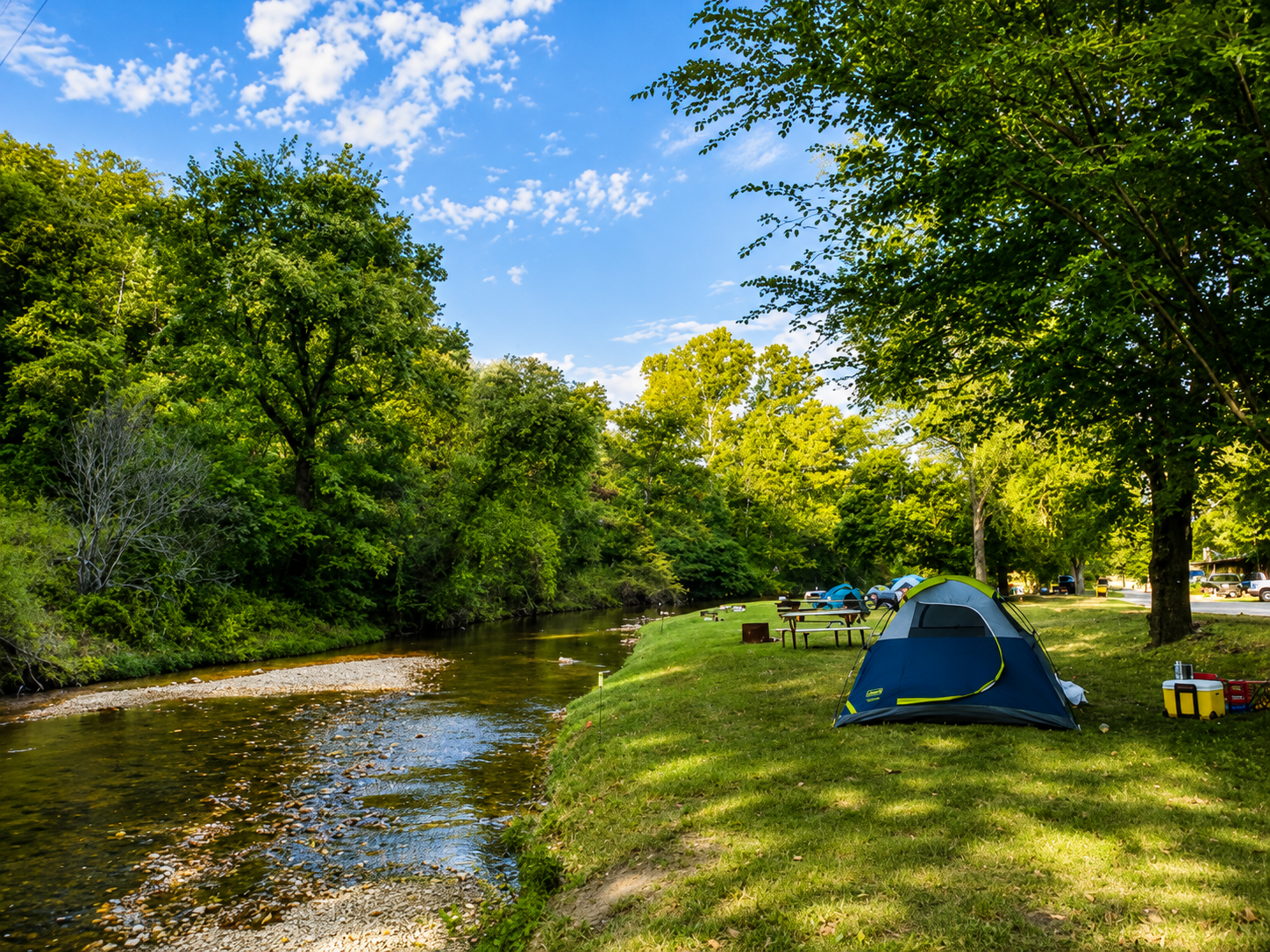 Tent camping along the creek at Camp Creekside in Gravois Mills, Missouri.
