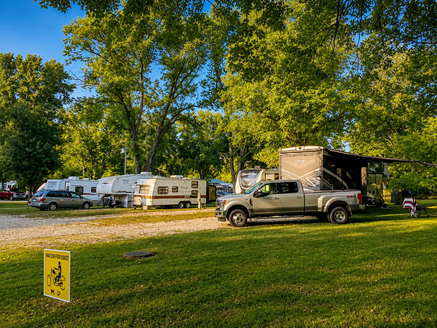 RV campsites surrounded by mature shade trees at Camp Creekside in Gravois Mills, Missouri.