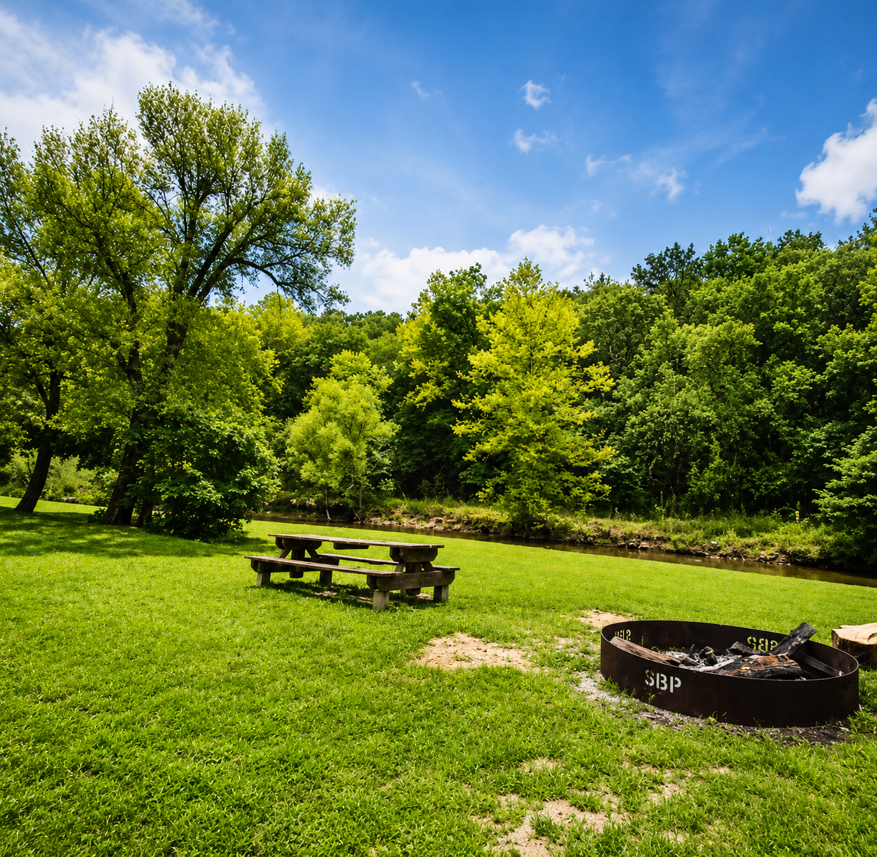 Creekside campsite with picnic table and firepit surrounded by trees at Camp Creekside.