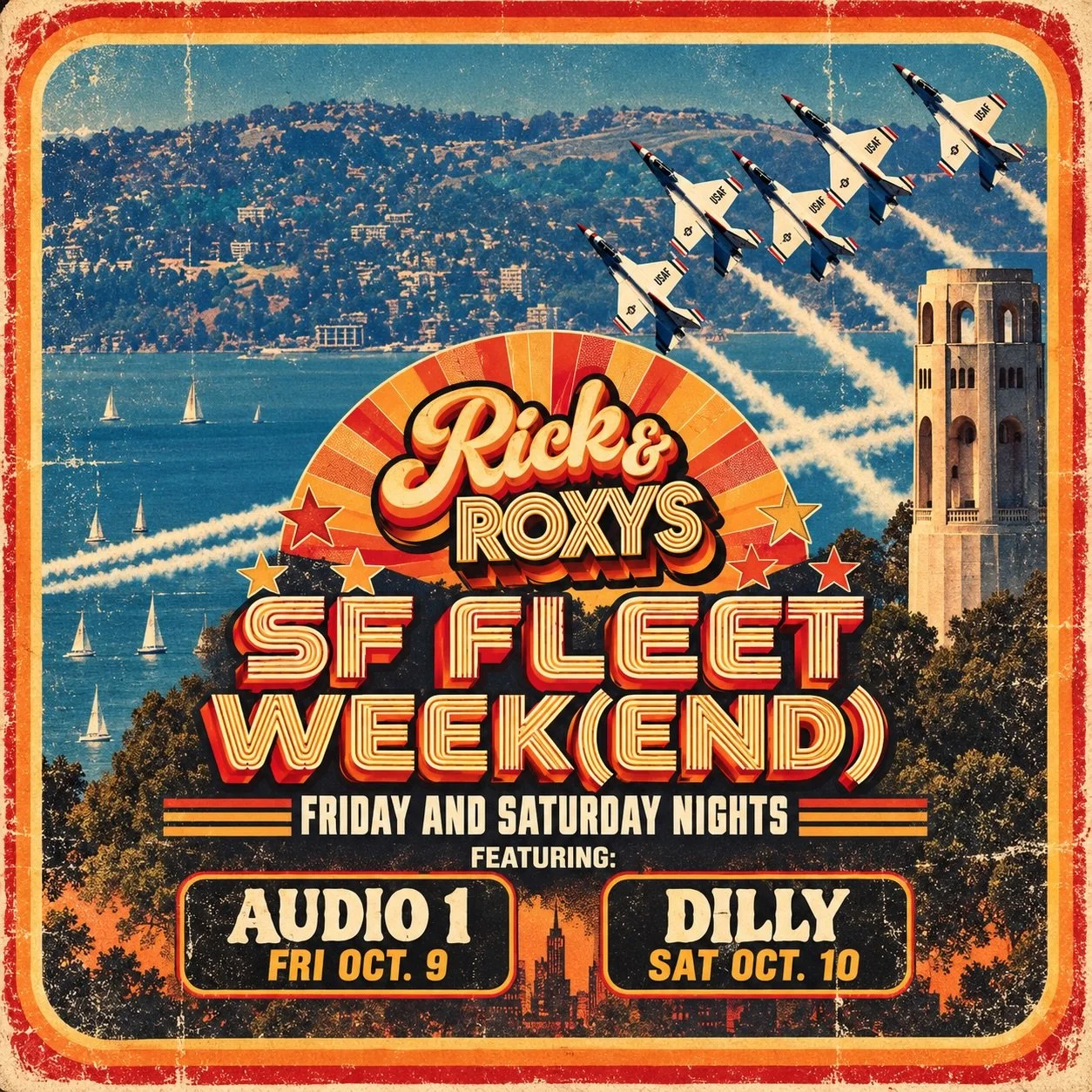 ✈️ FLEET WEEK(END) IS CLEARED FOR TAKEOFF 🪩

The jets fly by day. We get groovy by night.

FRIDAY 10/9 &mdash; AUDIO 1
SATURDAY 10/10 &mdash; DILLY

Two nights of drinks, dancing &amp; disco at Rick &amp; Roxy&rsquo;s.

🇺🇸 SF FLEET WEEK(END)
📍 Ri