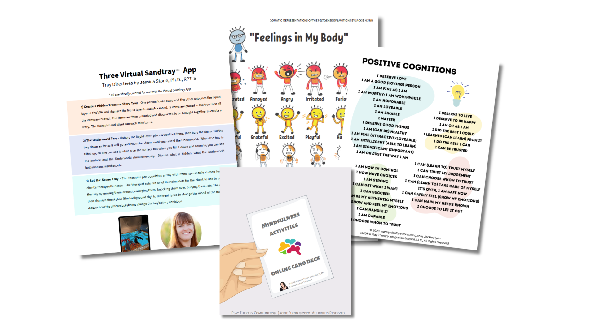Collection of therapy and emotional regulation reference sheets, including a colorful chart of feelings, a virtual sandtray app instructions, positive cognitions list, a mindfulness activities card deck, and a photograph of a smiling woman.