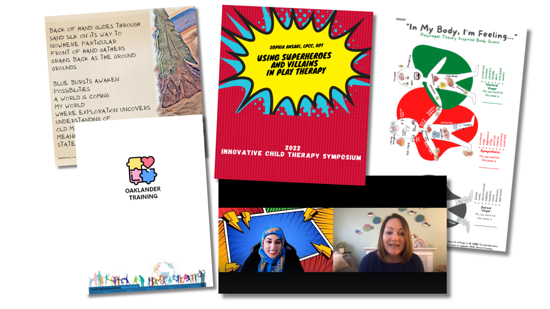 A collage of presentation slides, a book cover titled "Using Superheroes and Villains in Play Therapy," two women speaking to the camera, and various educational and therapy materials related to body scans and child therapy techniques.