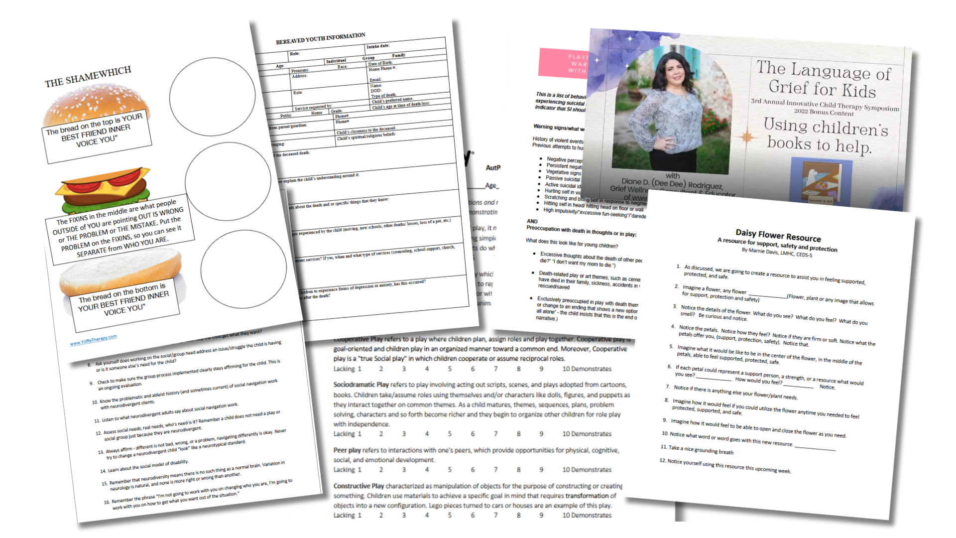 Collection of printed documents related to child therapy, grief support, and social play techniques, including a flyer titled "The Language of Grief for Kids" and a resource sheet called "Daisy Flower Resource."