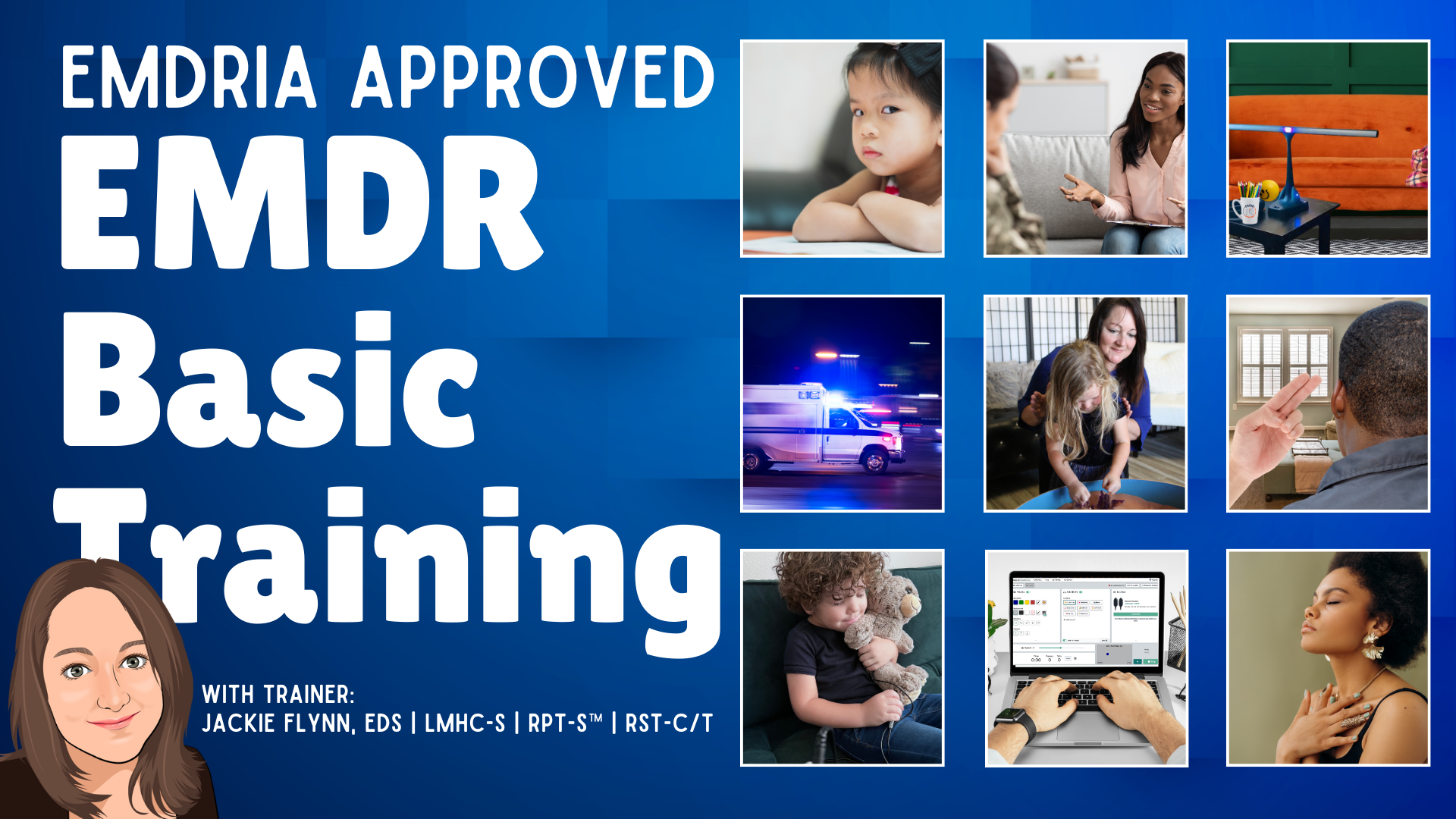 Text overlay on a background image of the beach and ocean, promoting eye movement desensitization and reprocessing therapy, with a photo of a woman and information about EMDR basic training for clinicians.