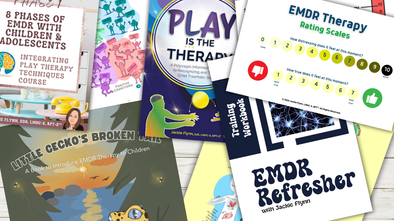 A collection of educational books related to EMDR therapy, including workbooks, training guides, and informational pamphlets with colorful covers and graphics.