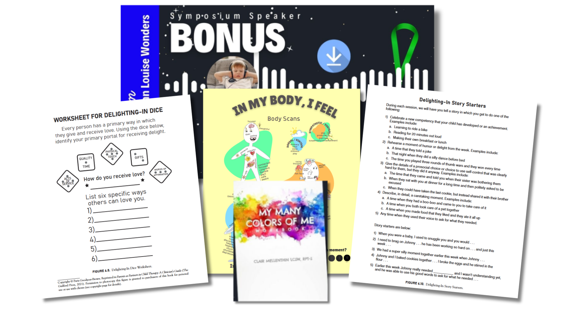 Collection of educational and activity book pages, including a worksheet titled 'Worksheet for Delight-In Dice', a story starter guide titled 'Delighting-In Story Starters', and a colorful book cover titled 'My Many Colors of Me'.