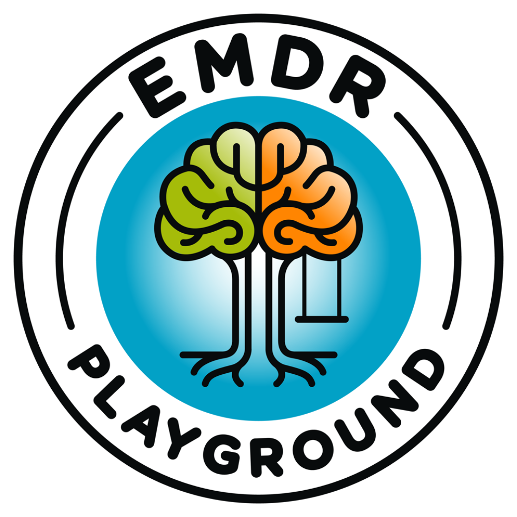 Circle logo with black border, featuring a stylized brain with two sides colored green and orange, connected to a tree-like structure with roots. The words 'EMDR' at the top and 'PLAYGROUND' at the bottom in black capital letters.
