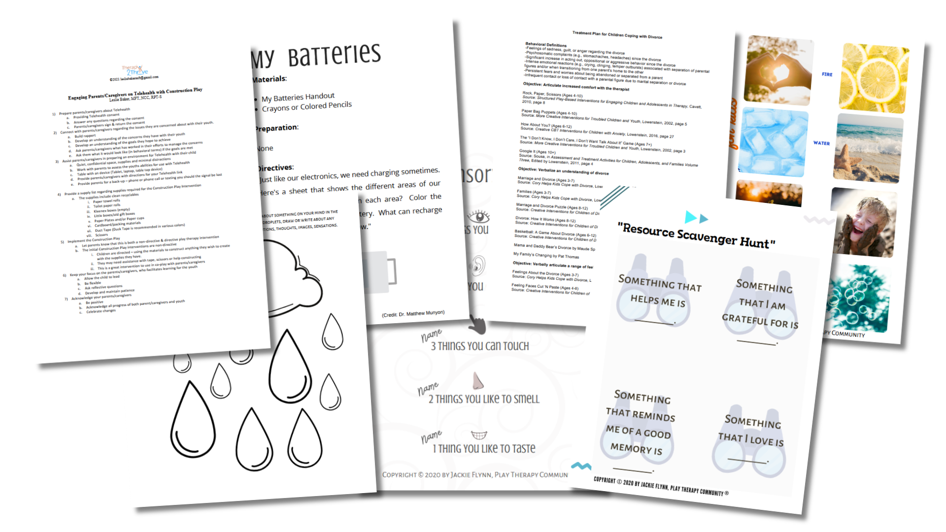 Collection of printed worksheets and activity sheets related to therapy and emotional coping, featuring illustrations, questionnaires, and resource suggestions.