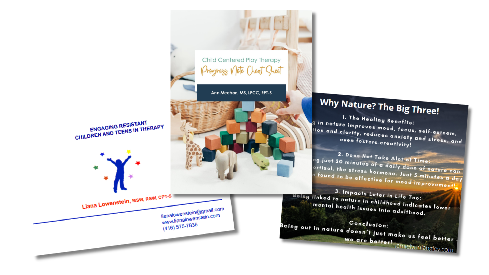 Grouped presentation slides with various topics including child-centered play therapy, benefits of nature, engaging resistant children and teens in therapy, and contact information for Liana Lowenstein, MSW, RSW, CPT-S. The slides feature colorful graphics, text, and scenic backgrounds.