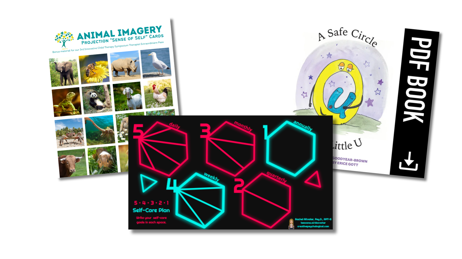 Collection of various educational and self-care planning materials, including animal imagery cards, a little book titled "A Safe Circle" with a cartoon illustration, and a neon-style self-care plan chart with weekly, monthly, quarterly, and annual goals.