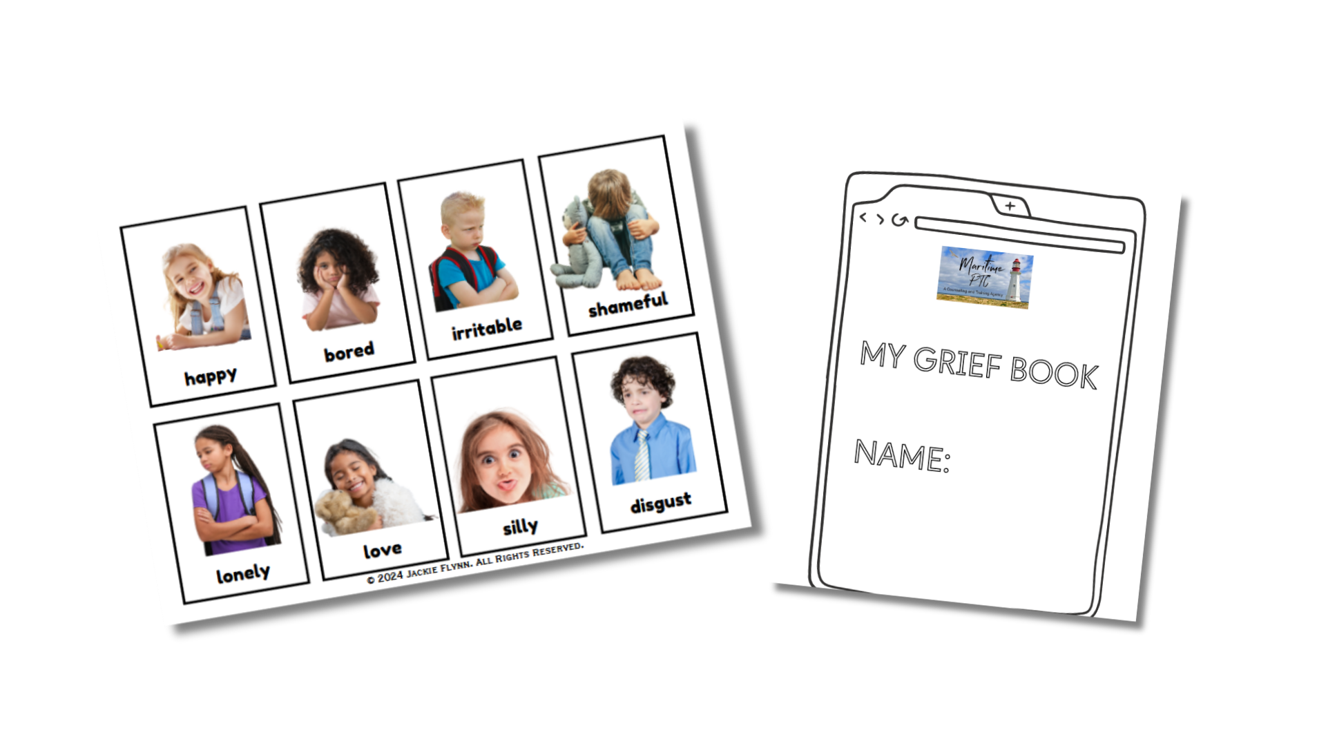 A children's emotion vocabulary chart featuring photographs of kids displaying different emotions with words like happy, bored, irritable, shameful, lonely, love, silly, disgust.