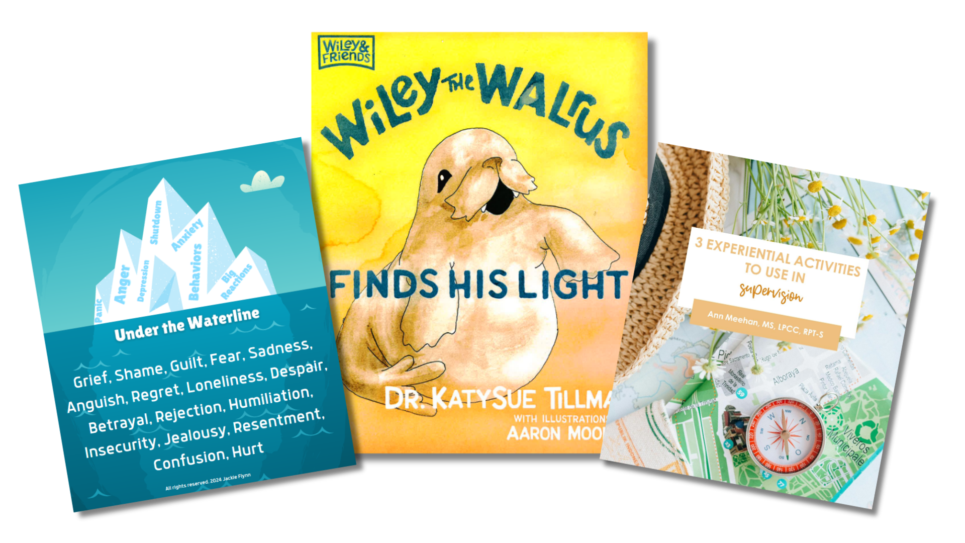 Collage of three book covers about emotional well-being, confidence, and therapeutic activities, with one partially visible showing nature and a map.
