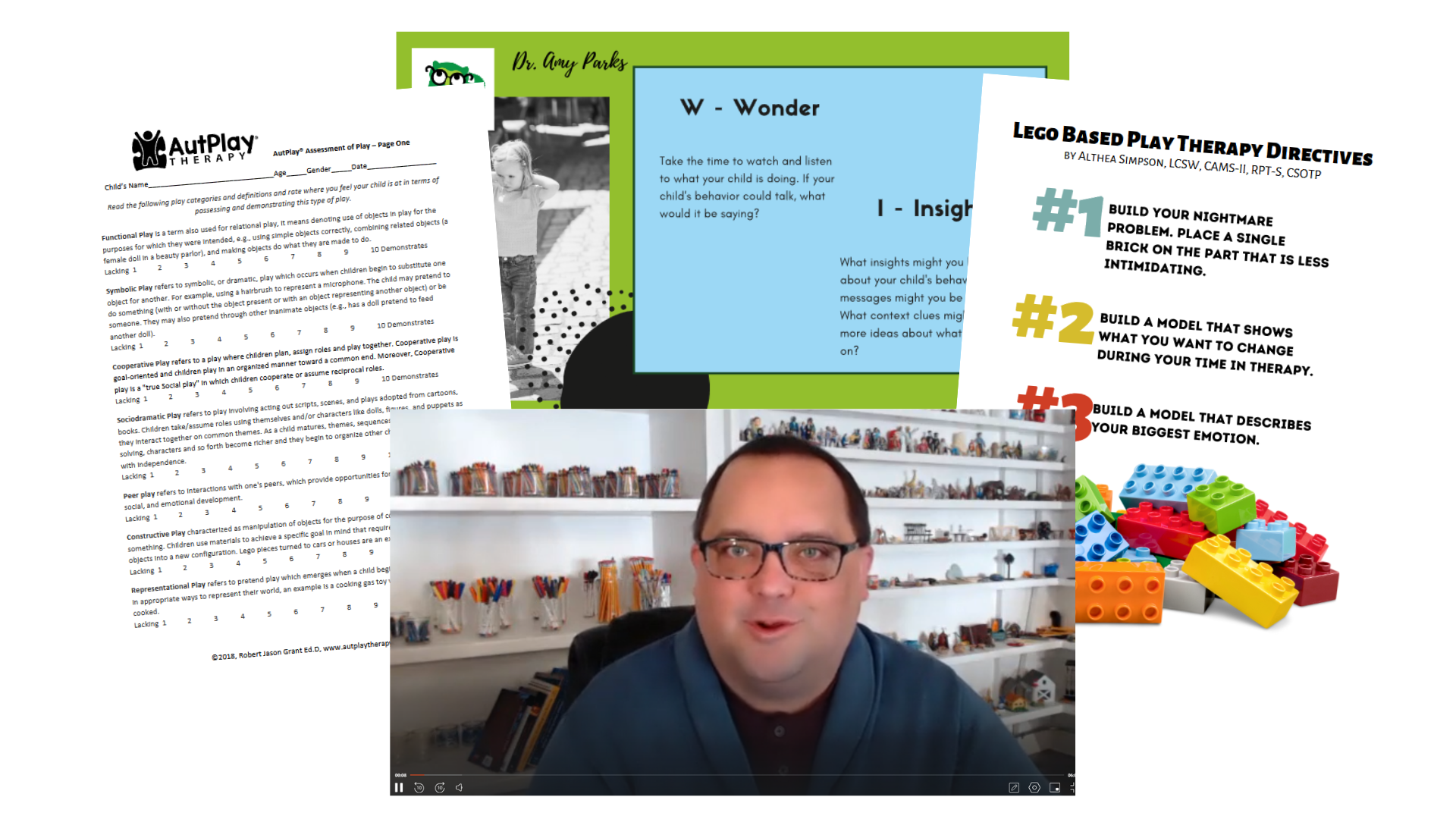 Screenshot of a man in glasses smiling in front of a bookshelf filled with toys and figurines, with presentation slides about play therapy and therapy directives layered behind him.