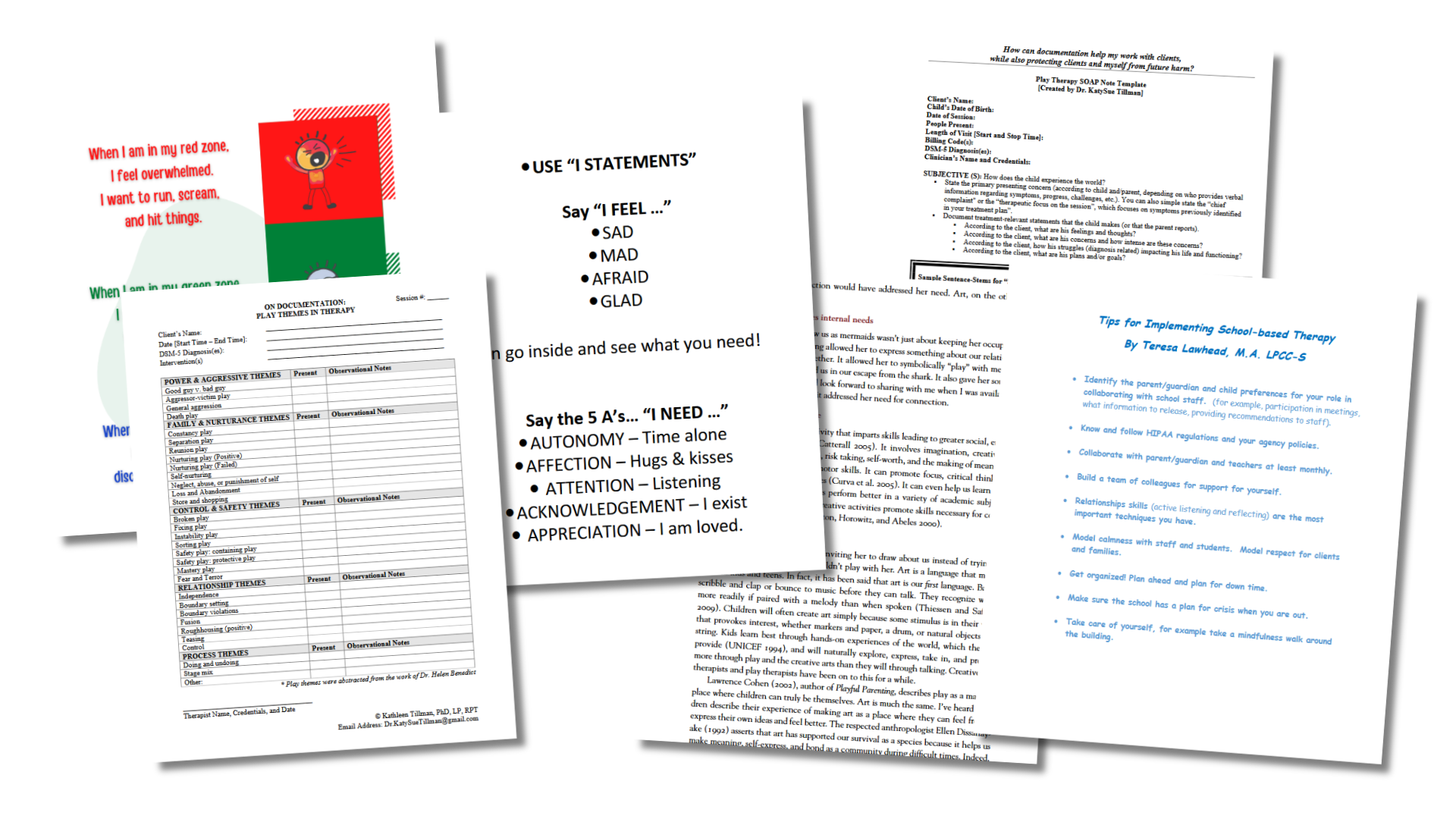 Collage of therapy and education documents, including therapy note templates, statement usage guides, and school-based therapy tips.