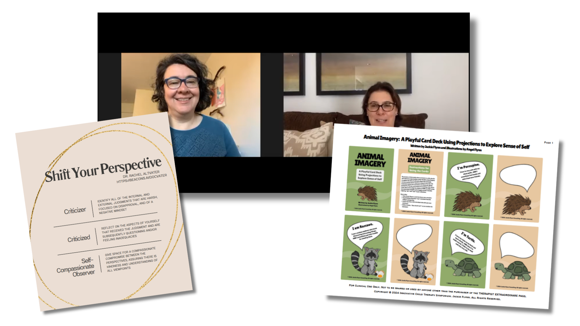 Screenshot of a virtual meeting showing two women on video call, with various therapy and educational materials including a card deck with animal imagery and a document titled "Shift Your Perspective" about internal and external judgments.