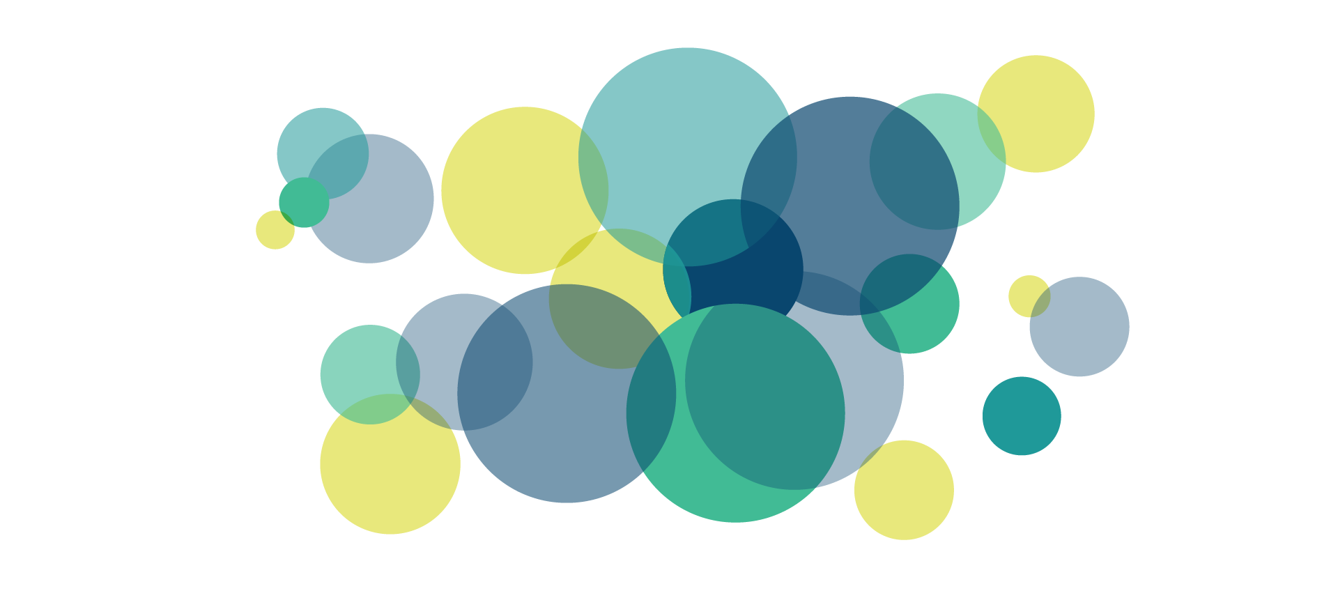 Conjunto de círculos de diferentes tamaños en tonos de azul y amarillo sobre fondo negro.