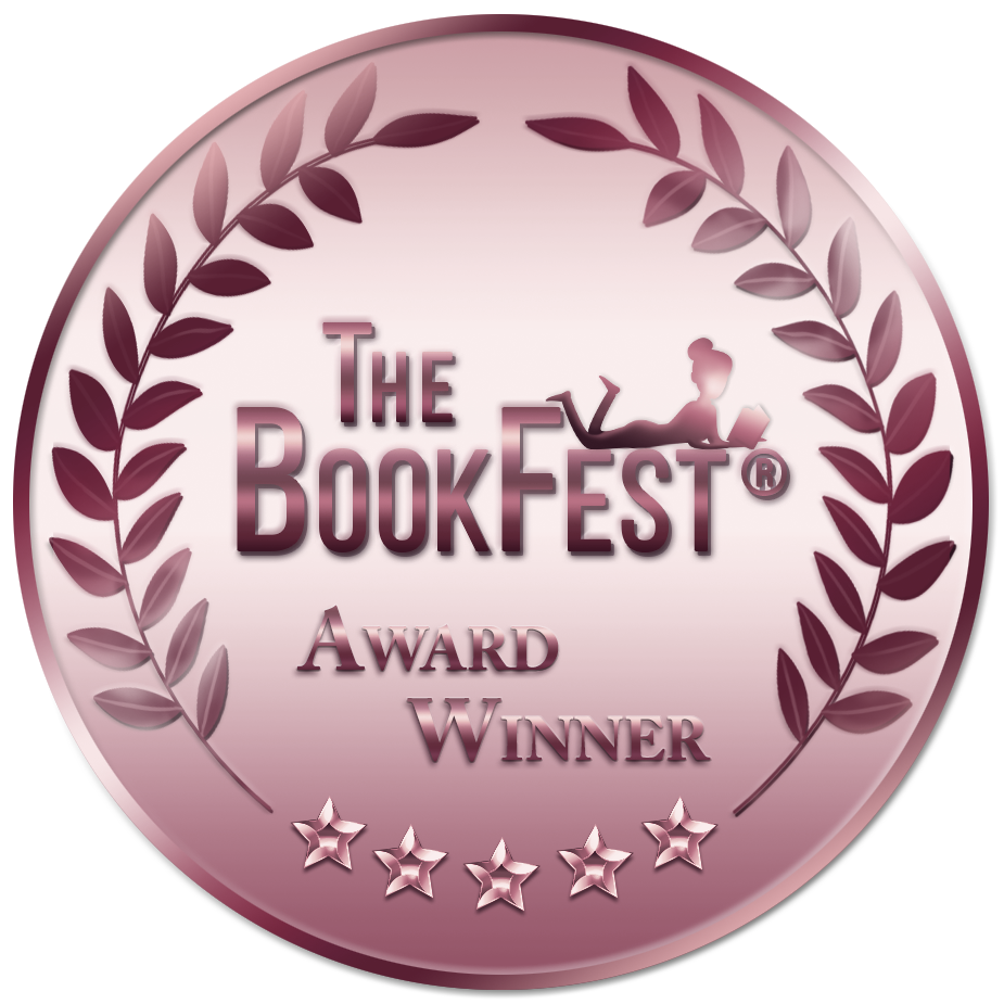 A circular badge with the text 'The BookFest Award Winner' and five stars, decorated with laurel branches, and a silhouette of a person reading a book.