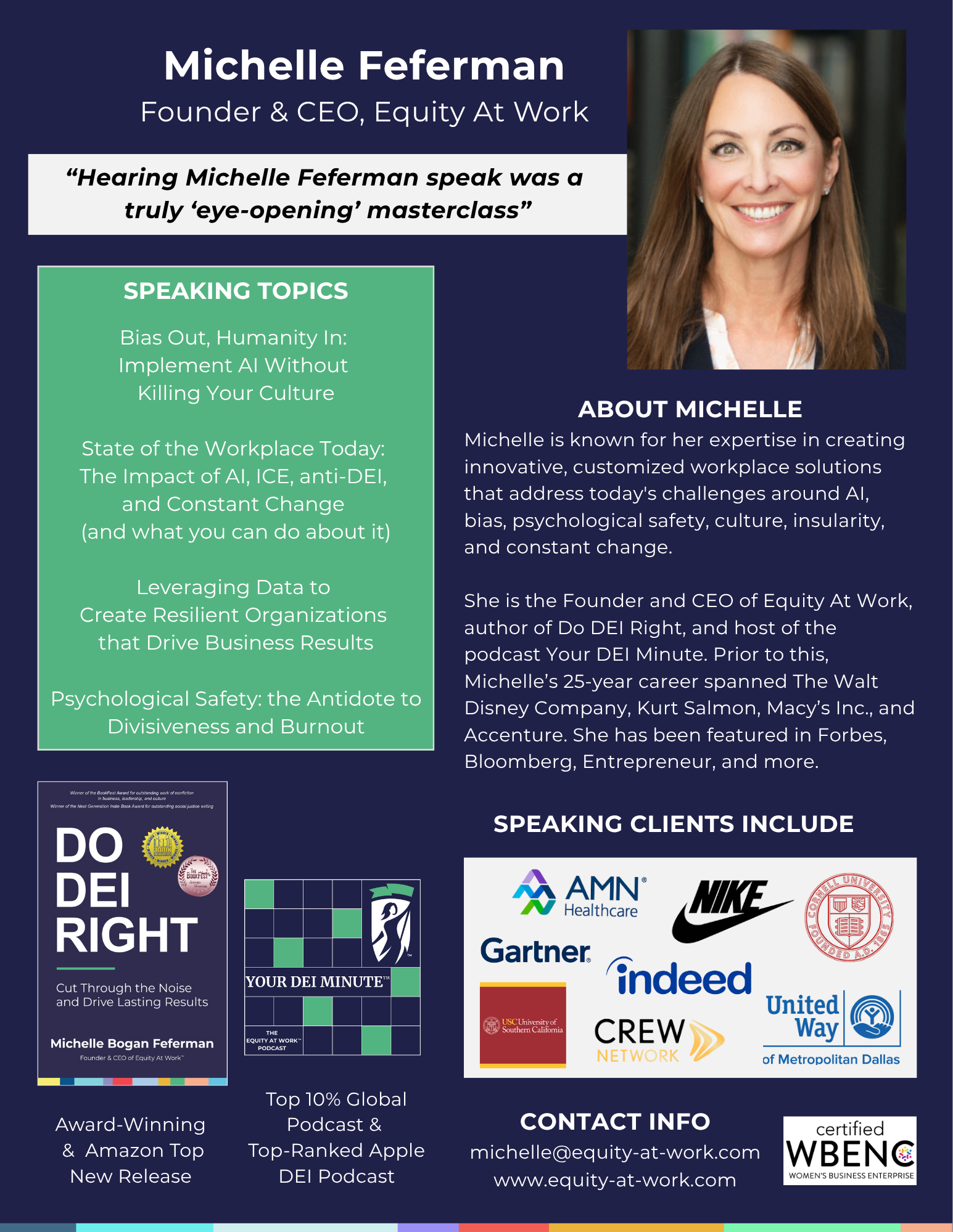 A digital flyer featuring Michelle Feferman, Founder and CEO of Equity At Work, with her photo, biography, speaking topics, client logos, and contact information.
