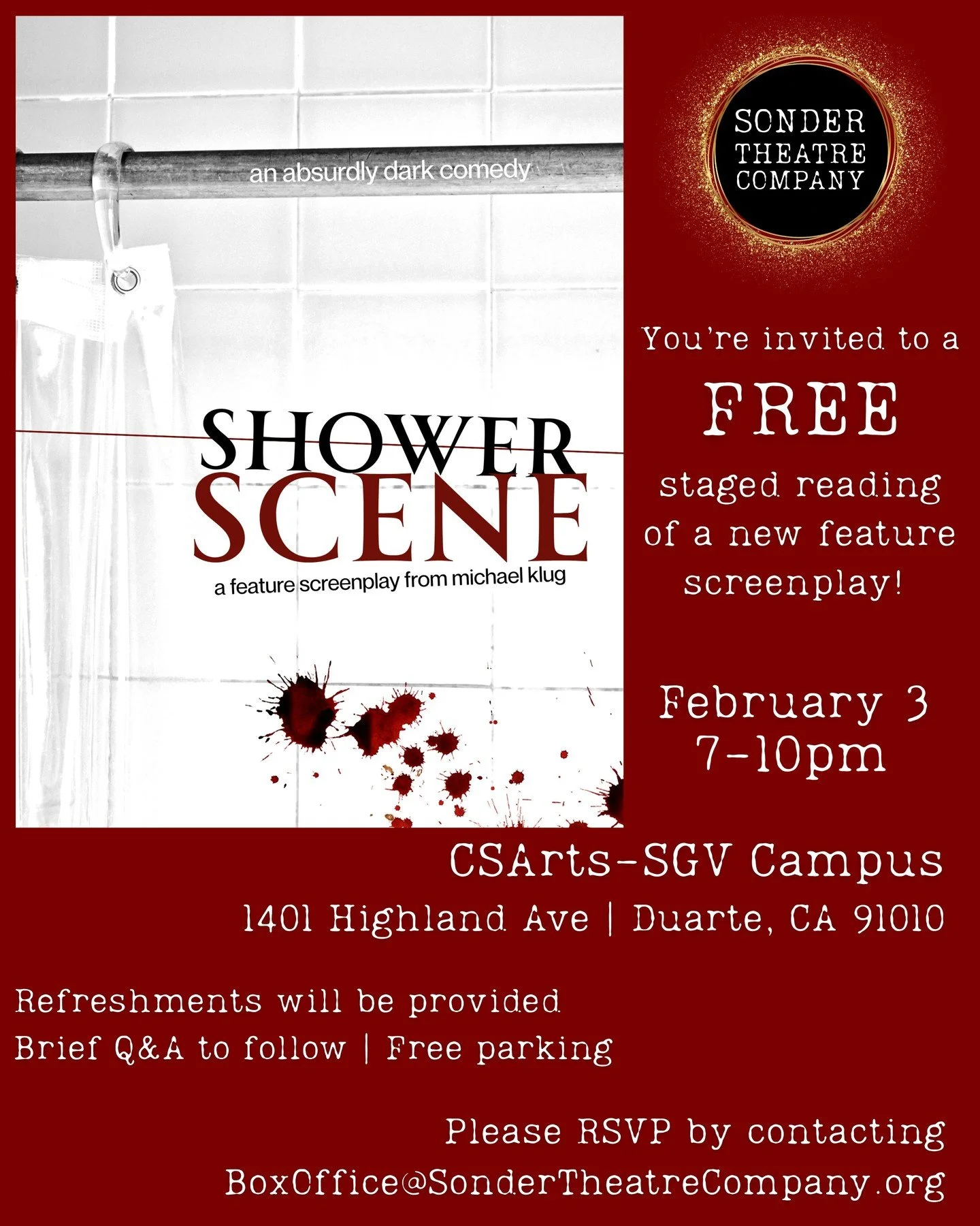 We're excited to announce Sonder's first staged reading! It is a free event, complete with free parking and some light refreshments for good measure. We've got a tremendous cast ready to showcase Michael Klug's latest script. Please join us by sendin