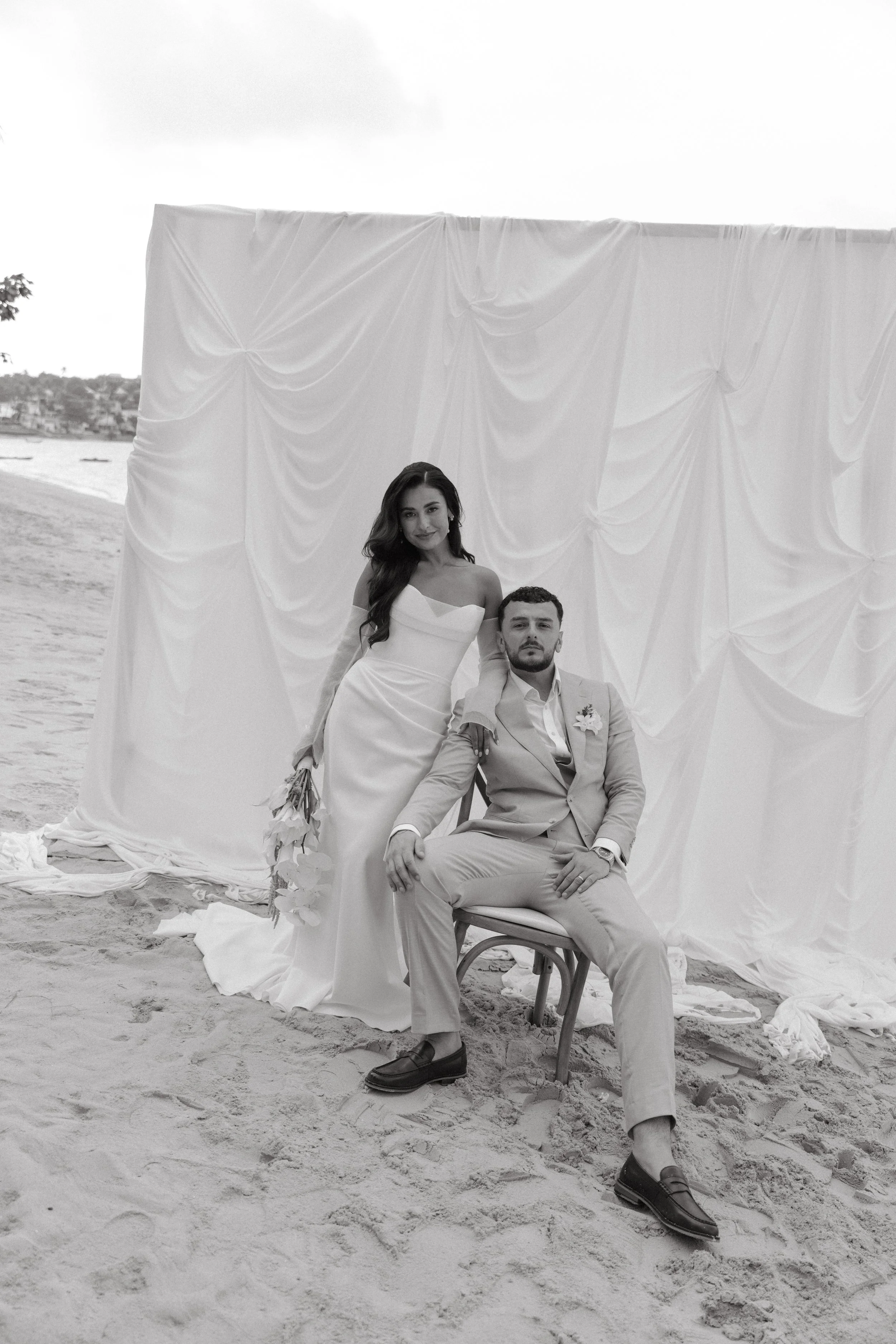 black and white portrait of bride and groom at destination wedding in koh samui