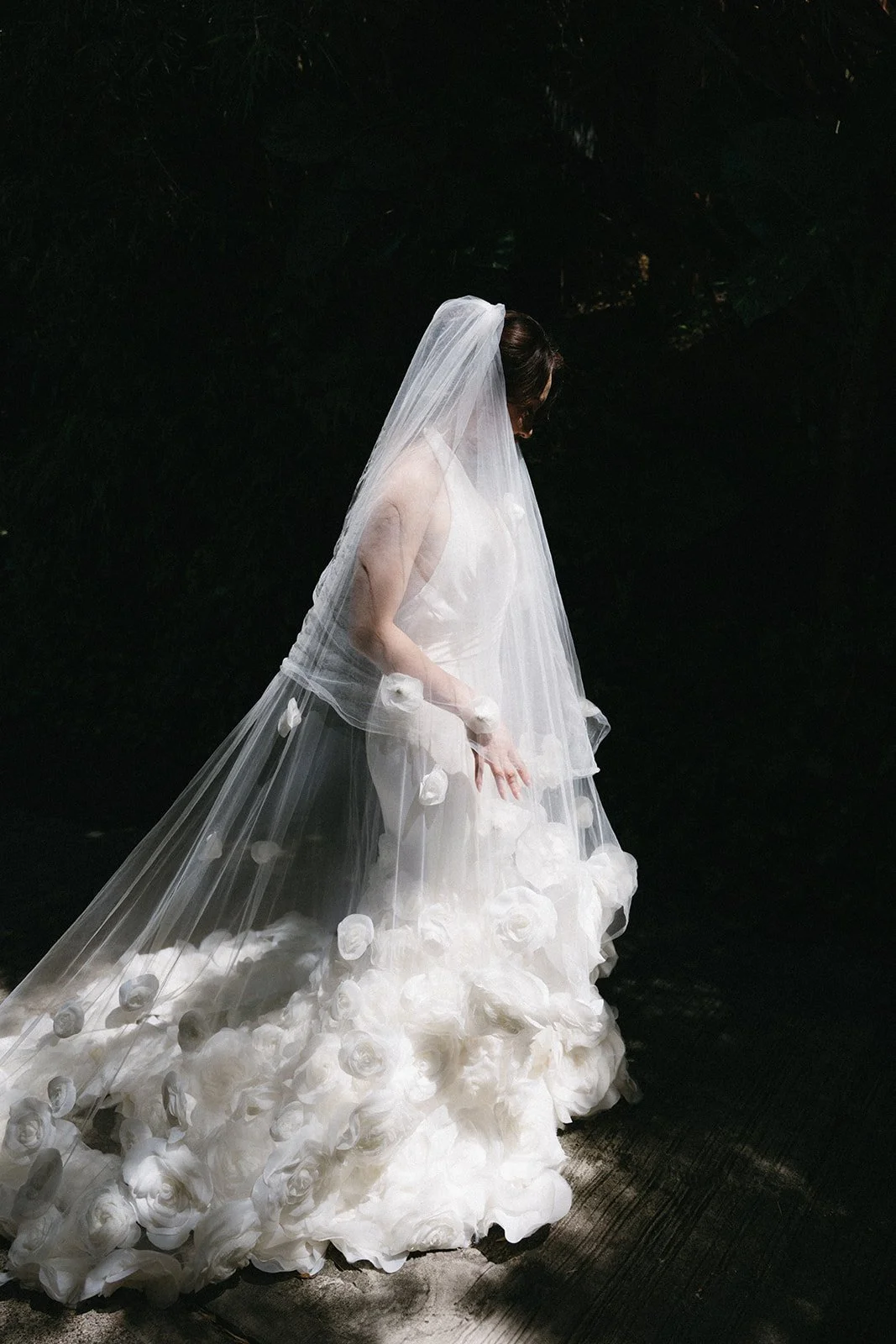 elegant bridal portrait in wedding dress and statement veil