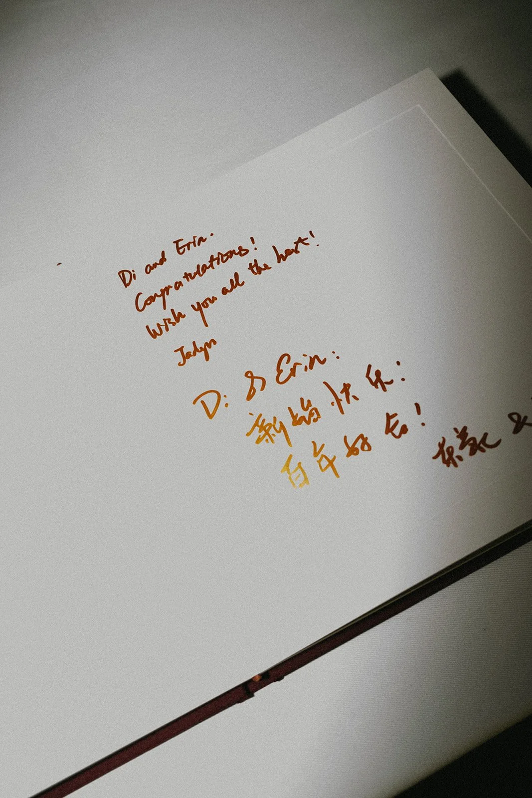 Guestbook message in English and Chinese at luxury destination wedding in Phuket