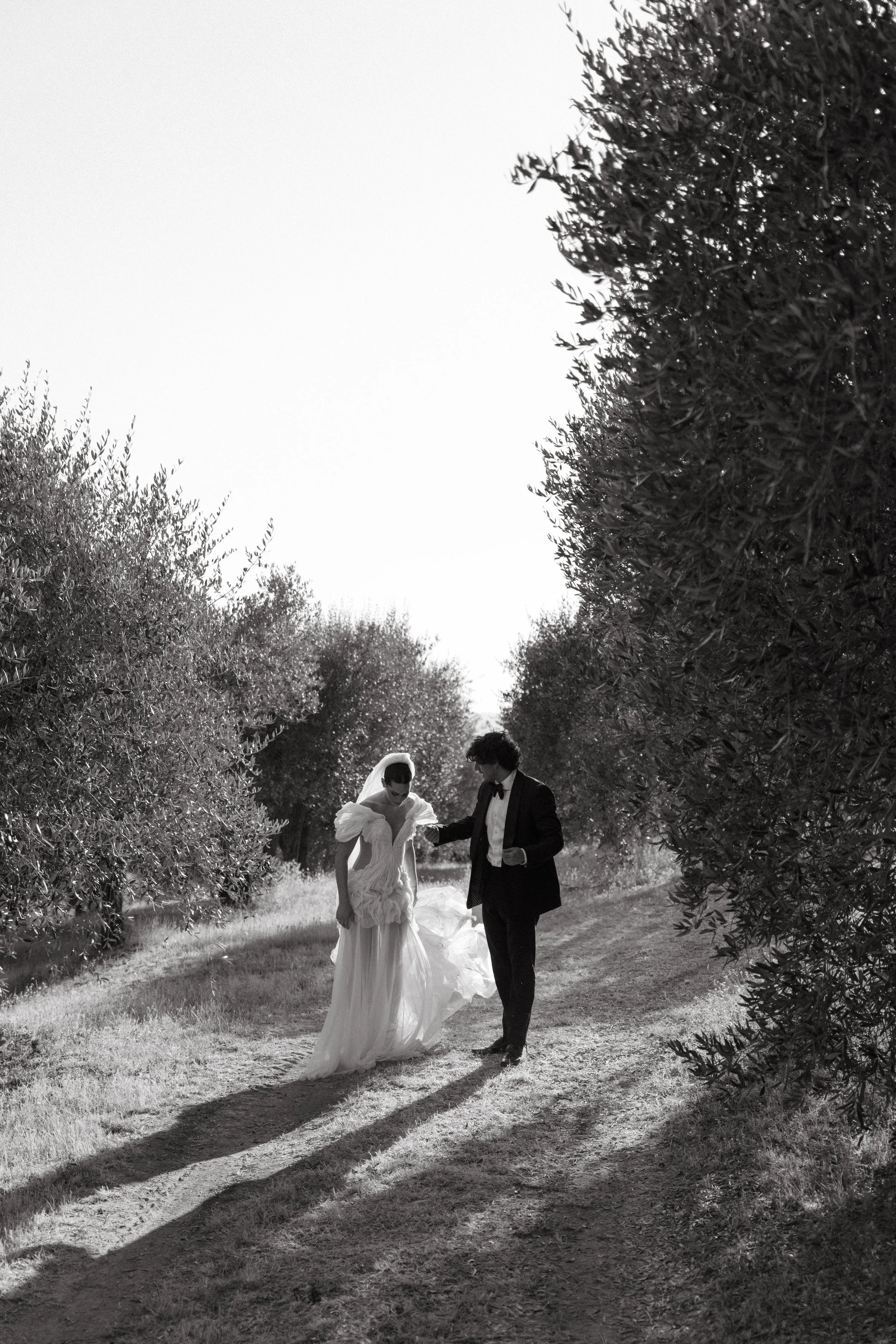 Centuries-old trees framing couple during Villa Cozzano destination wedding shoot