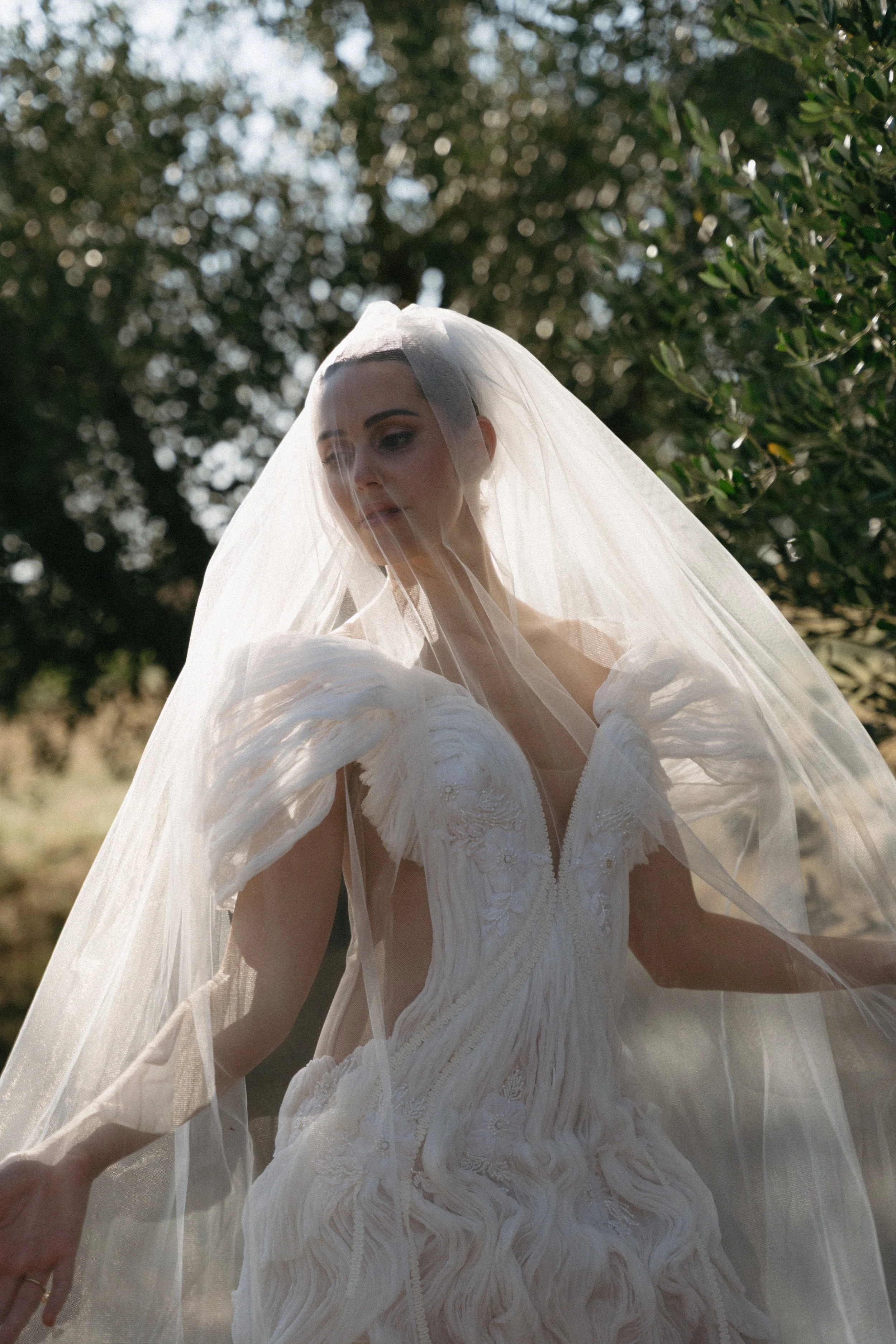 bride wearing Rara Avis Gabriella gown with sunlight shining through veil