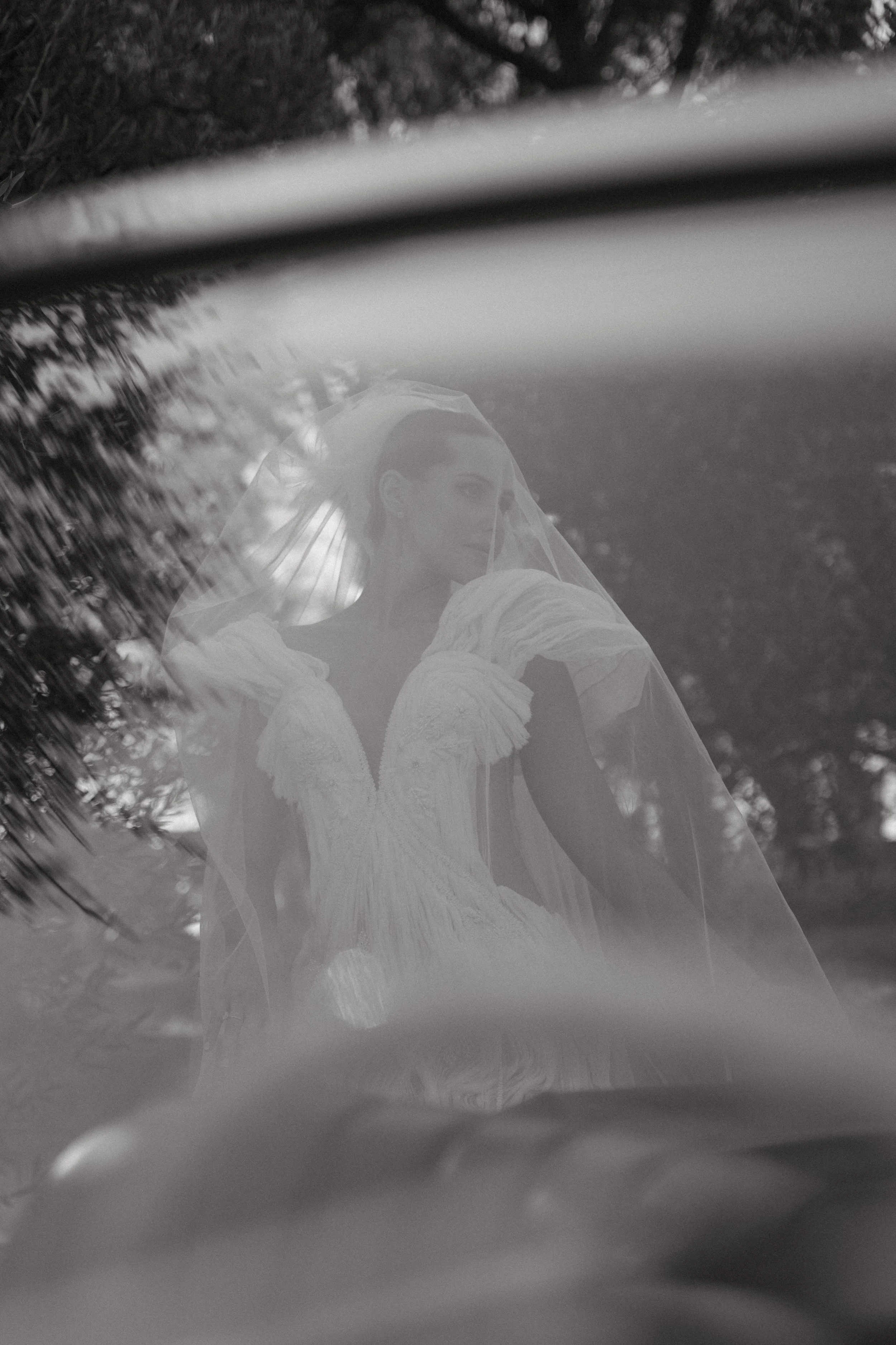 black and white portrait of Bride wearing Rara Avis Gabriella gown