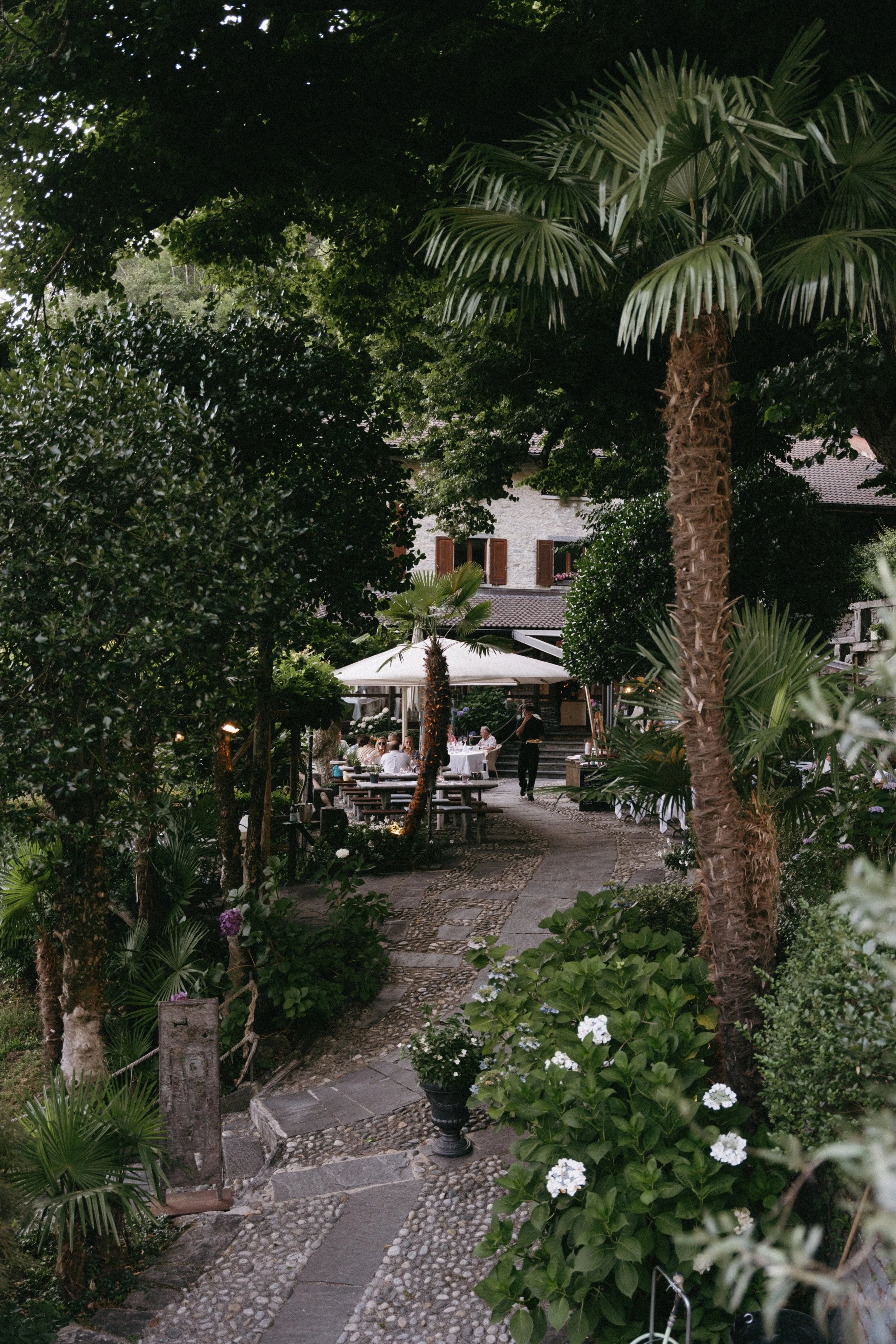 Rustic outdoor terrace setting surrounded by greenery