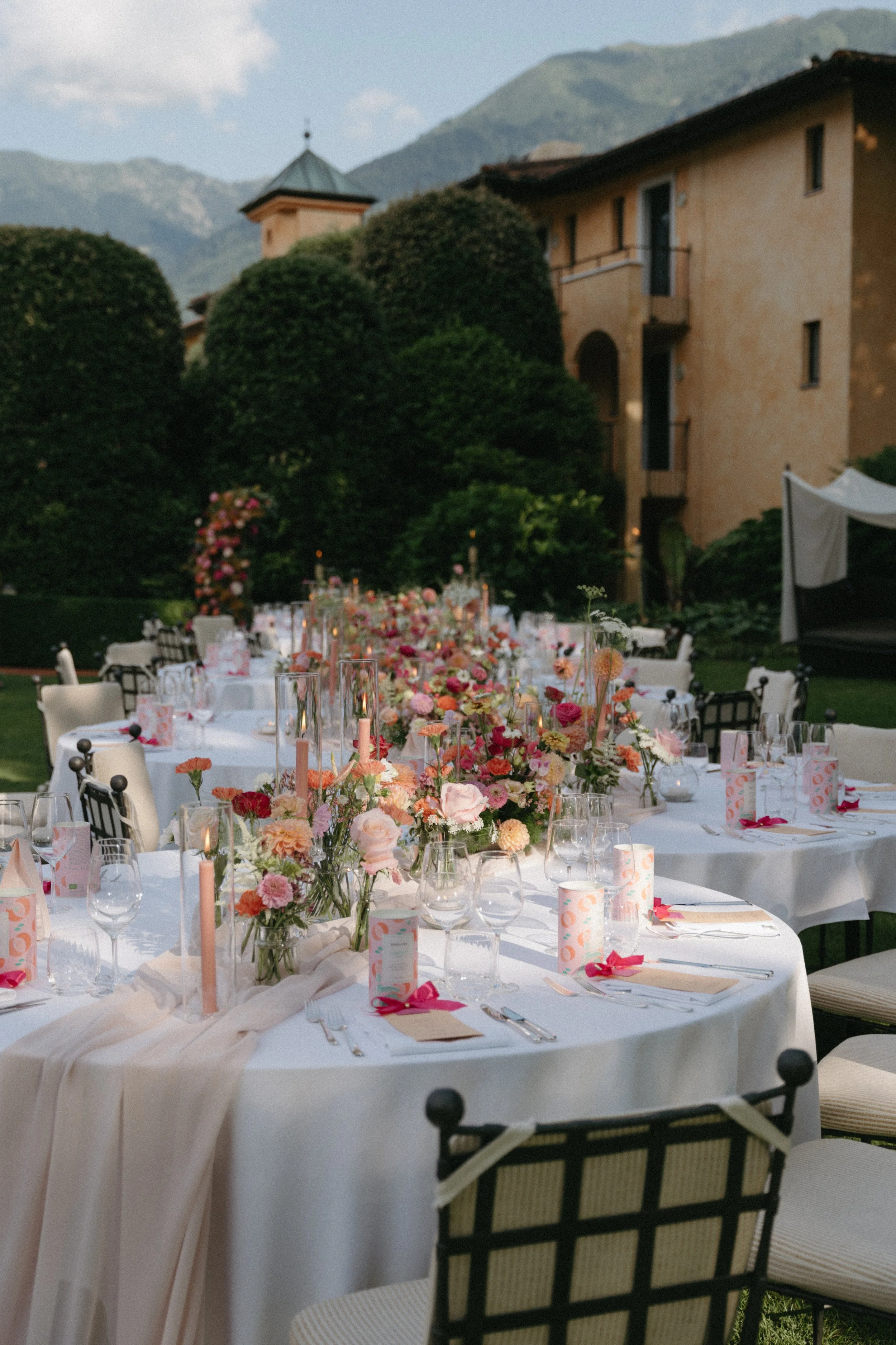 Romantic destination wedding outdoor reception in Ascona, Switzerland
