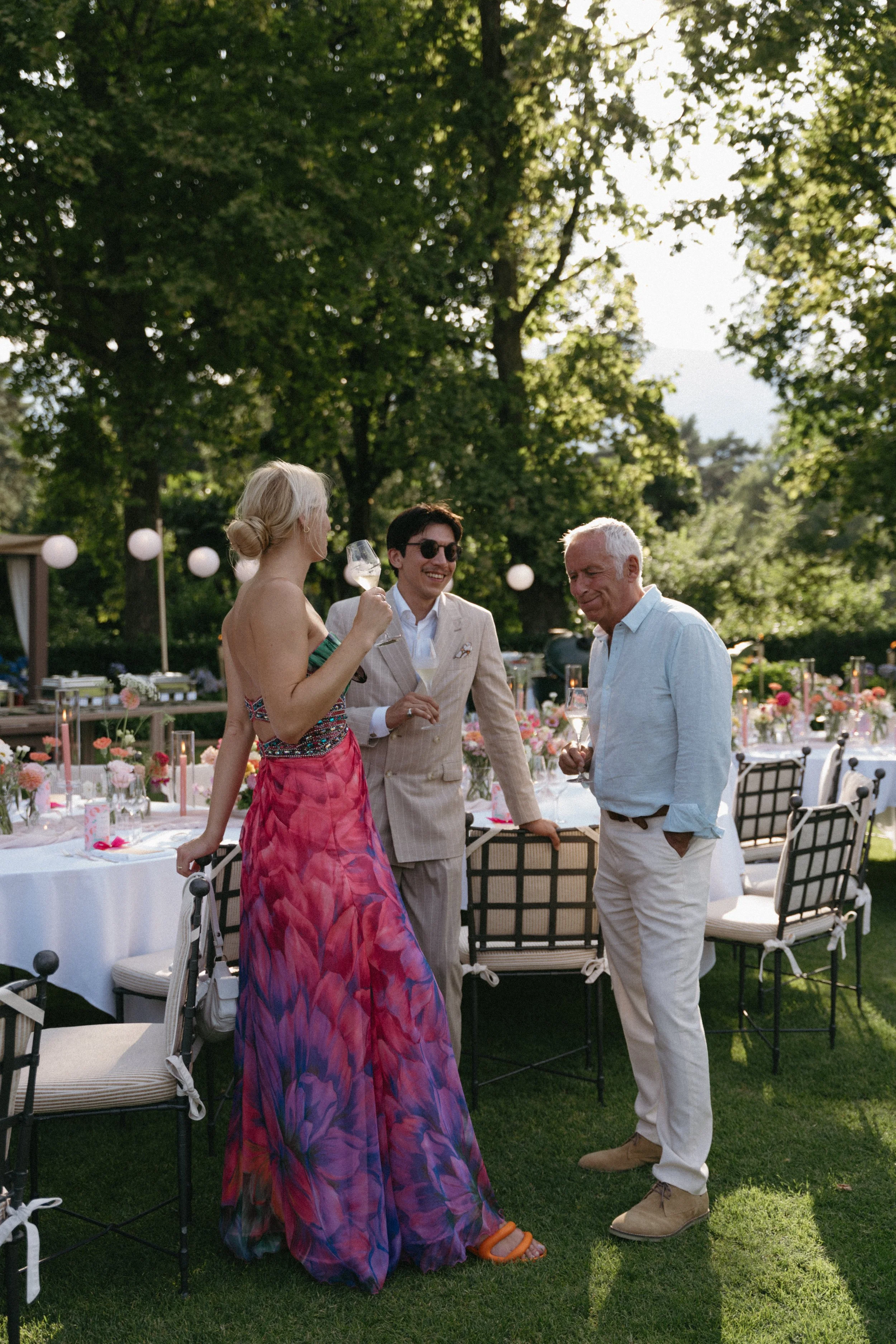 Warm candid of family and friends celebrating under the Swiss evening light