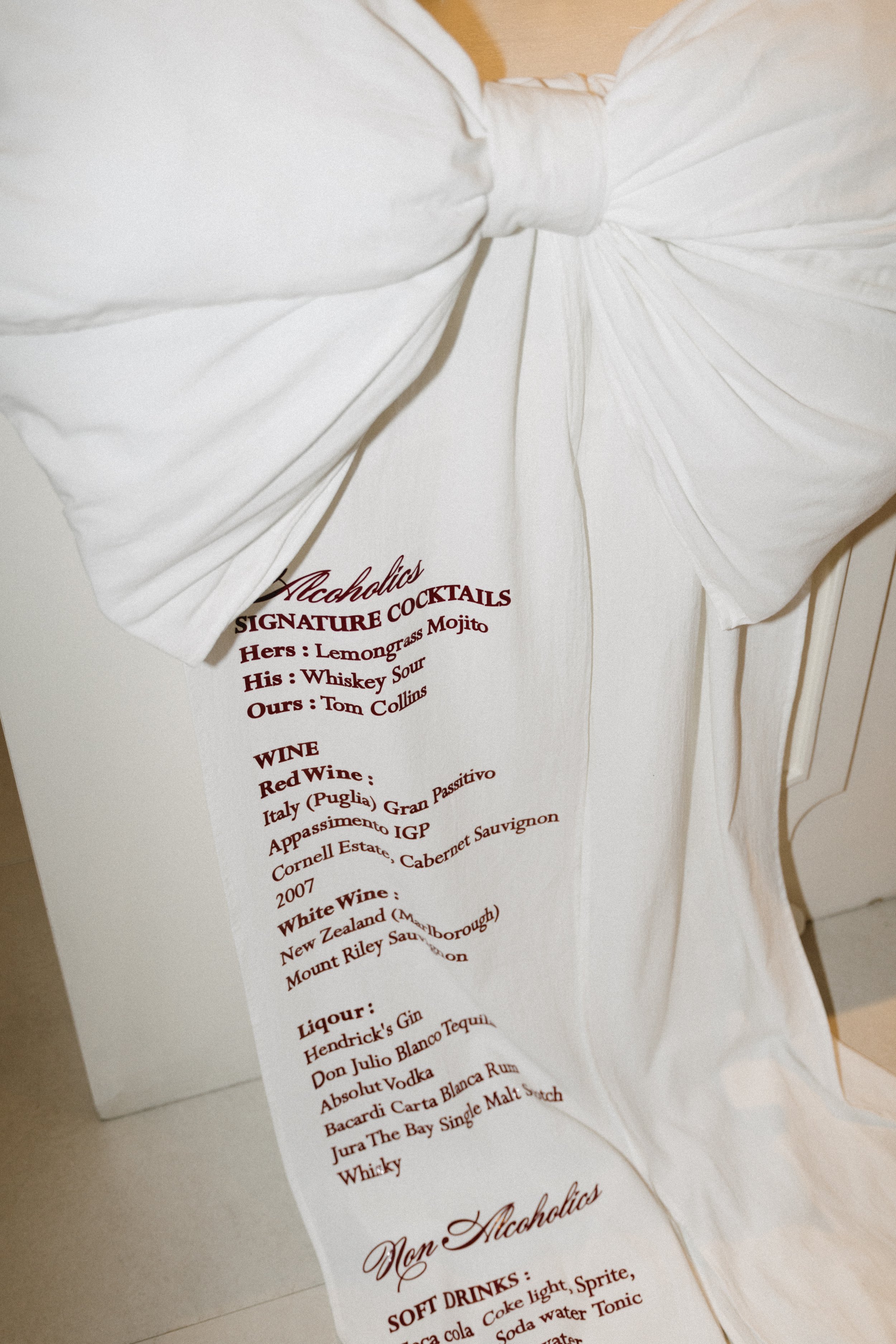 alcoholic beverage menu printed on fabric for luxury destination wedding reception in phuket