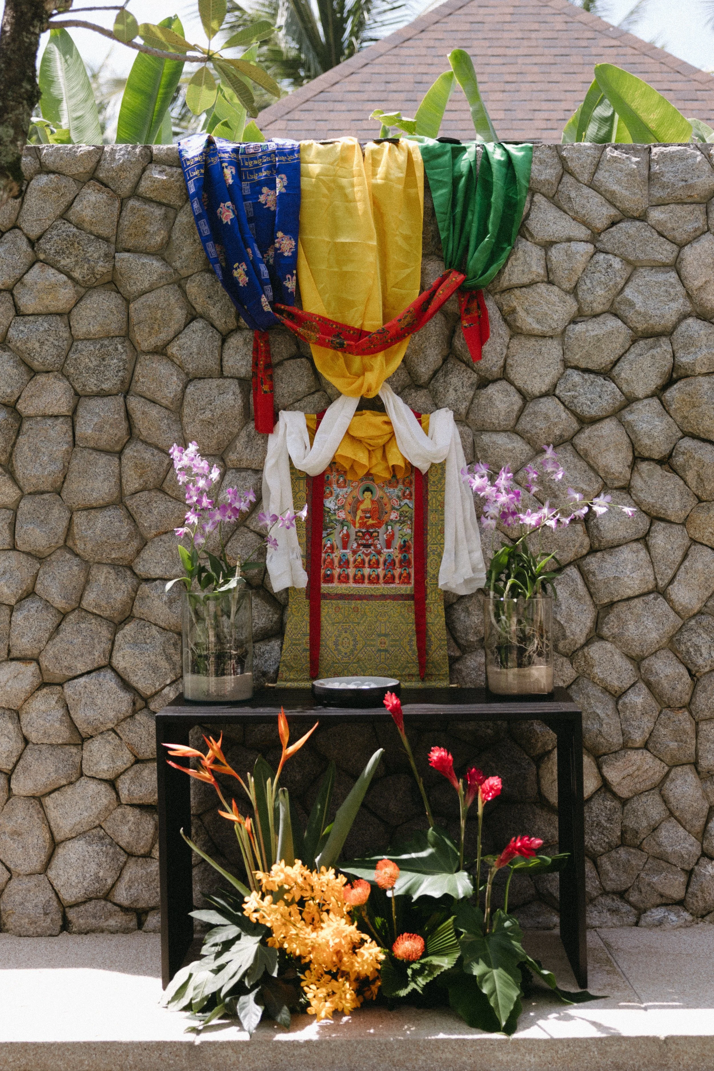 decorations set up for Sikkimese Buddhist wedding ceremony at jivana beach villas